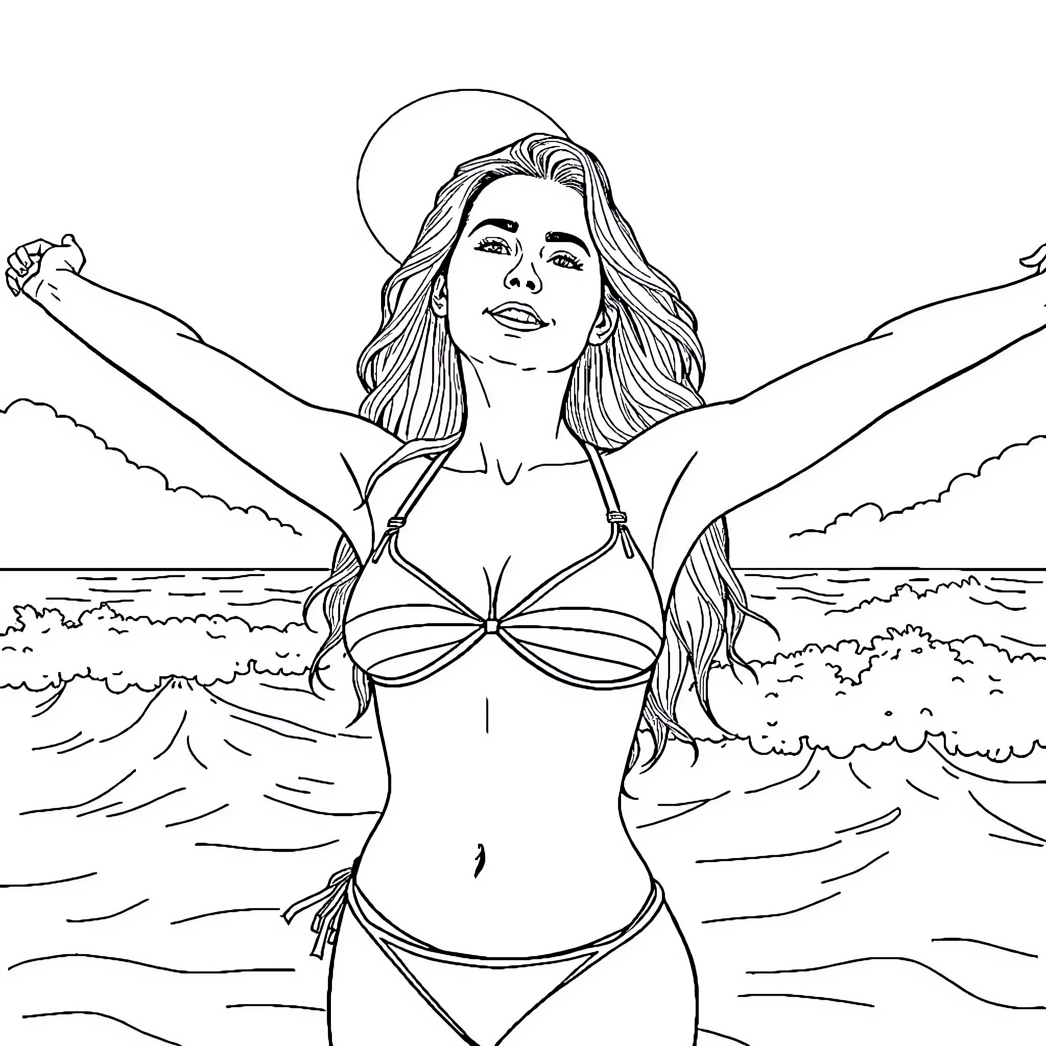 Sydney Sweeney enjoying the sun in a beach setting Coloring Page (free black-and-white line drawing printable PDF for all, from beginners to advanced learners, including children, teens, adults, and seniors)