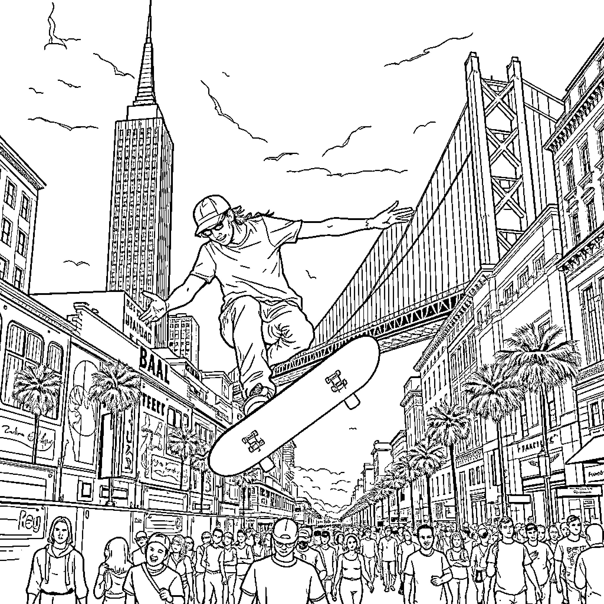 Skateboarder soaring over city streets Coloring Page (free black-and-white line drawing printable PDF for all, from beginners to advanced learners, including children, teens, adults, and seniors)