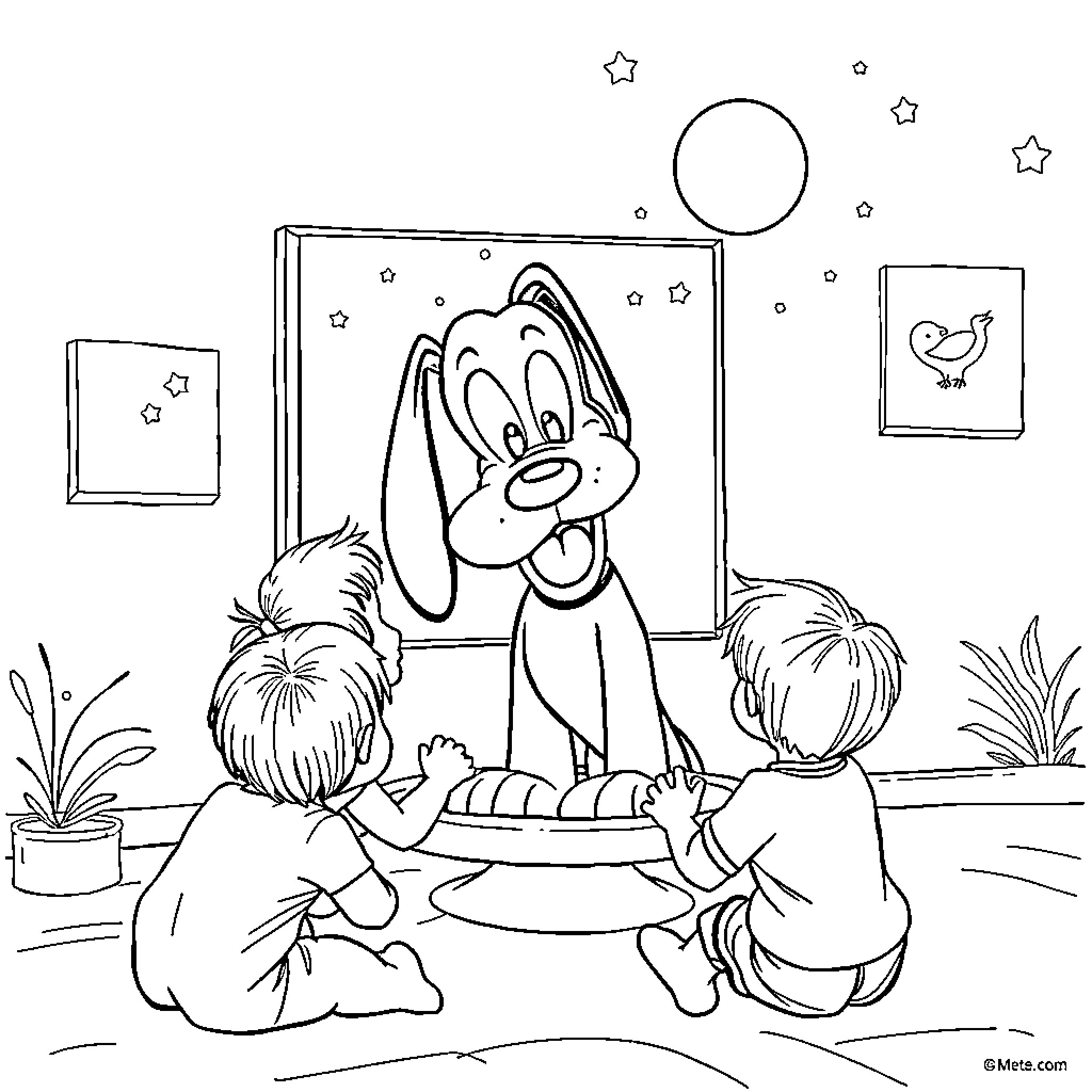 Pluto's Playful Antics with Children Coloring Page (free black-and-white line drawing printable PDF for all, from beginners to advanced learners, including children, teens, adults, and seniors)