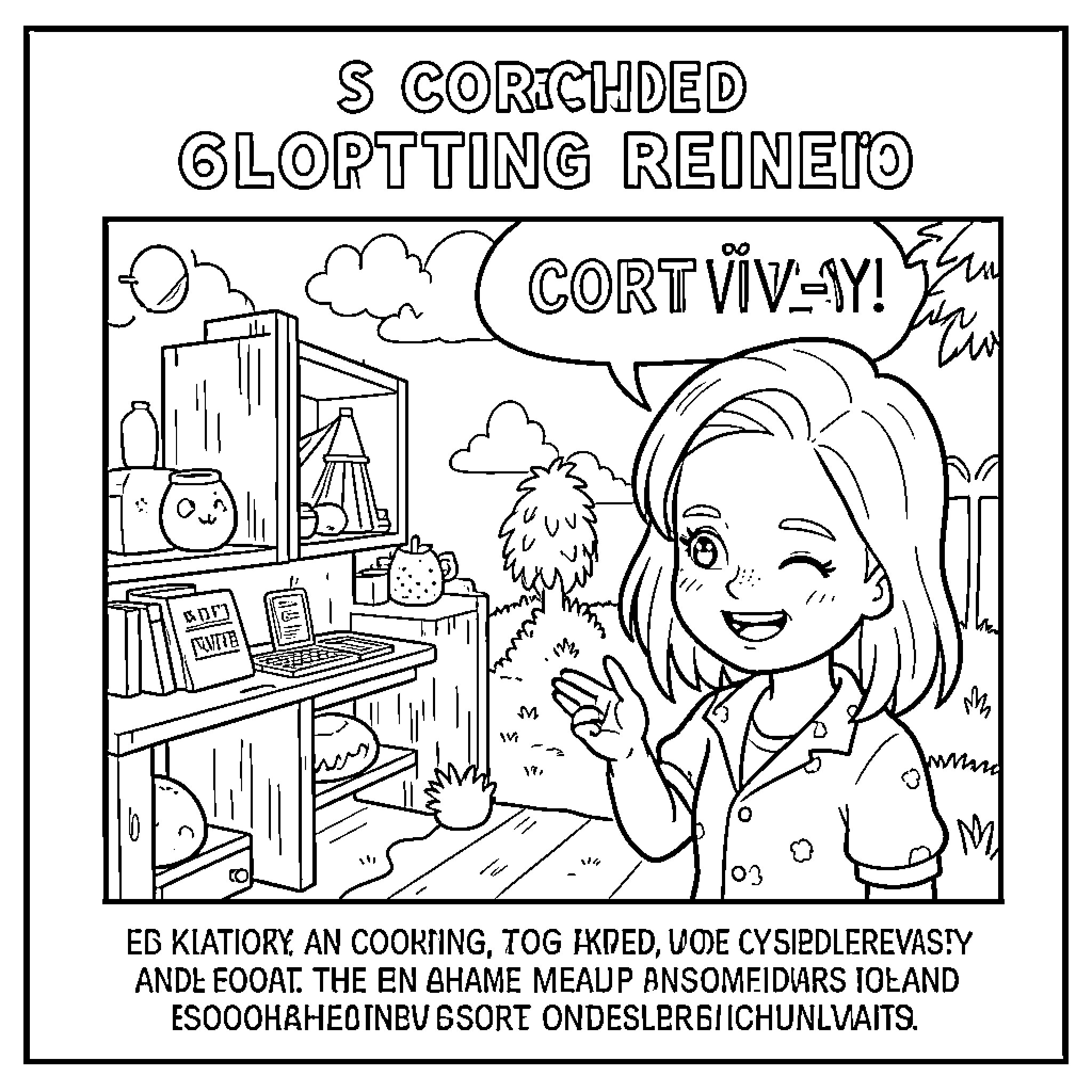Video of Cartoon Character Excitedly Discussing 'Corting' Coloring Page (free black-and-white line drawing printable PDF for all, from beginners to advanced learners, including children, teens, adults, and seniors)
