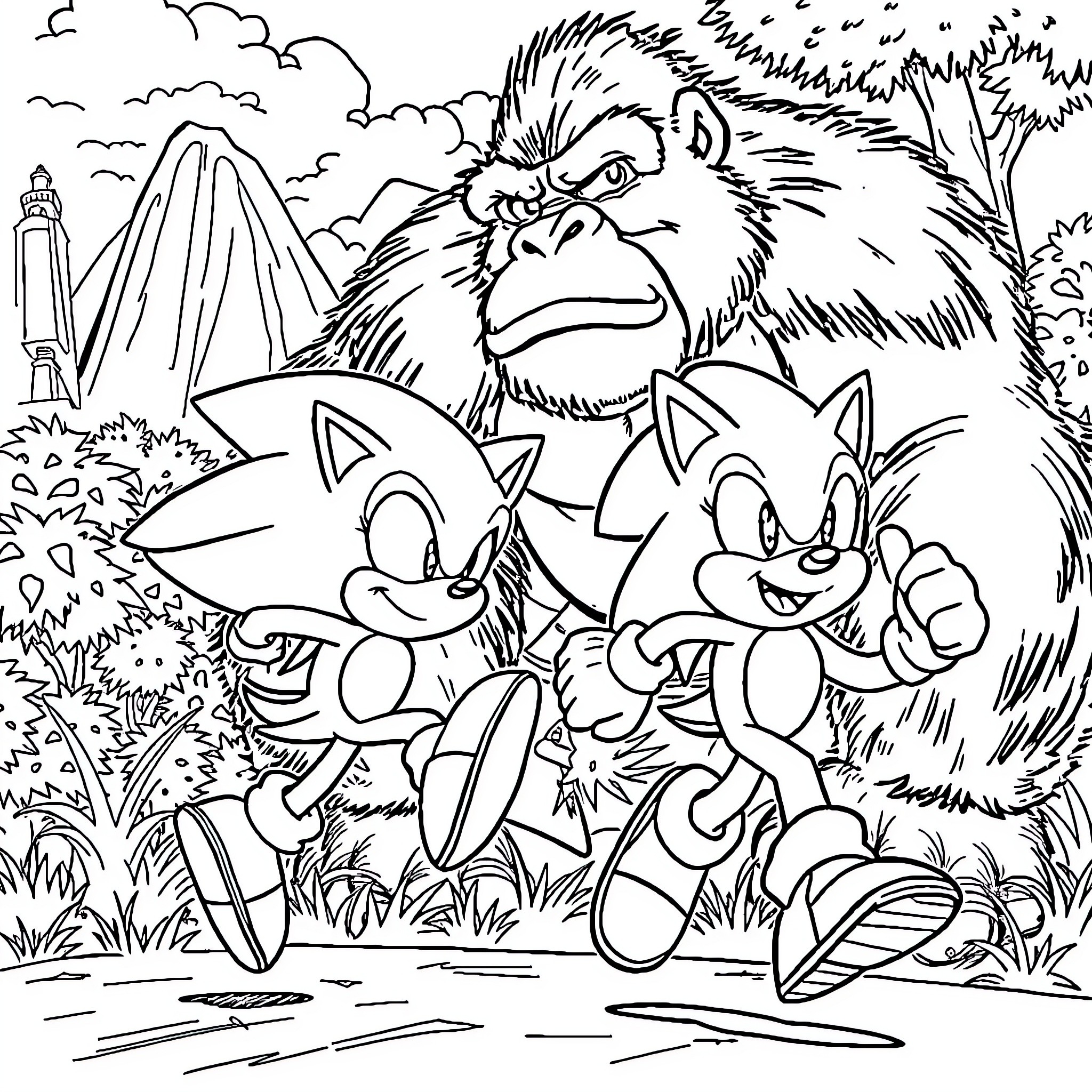 Sonic and friends exploring the jungle adventure Coloring Page (free black-and-white line drawing printable PDF for all, from beginners to advanced learners, including children, teens, adults, and seniors)
