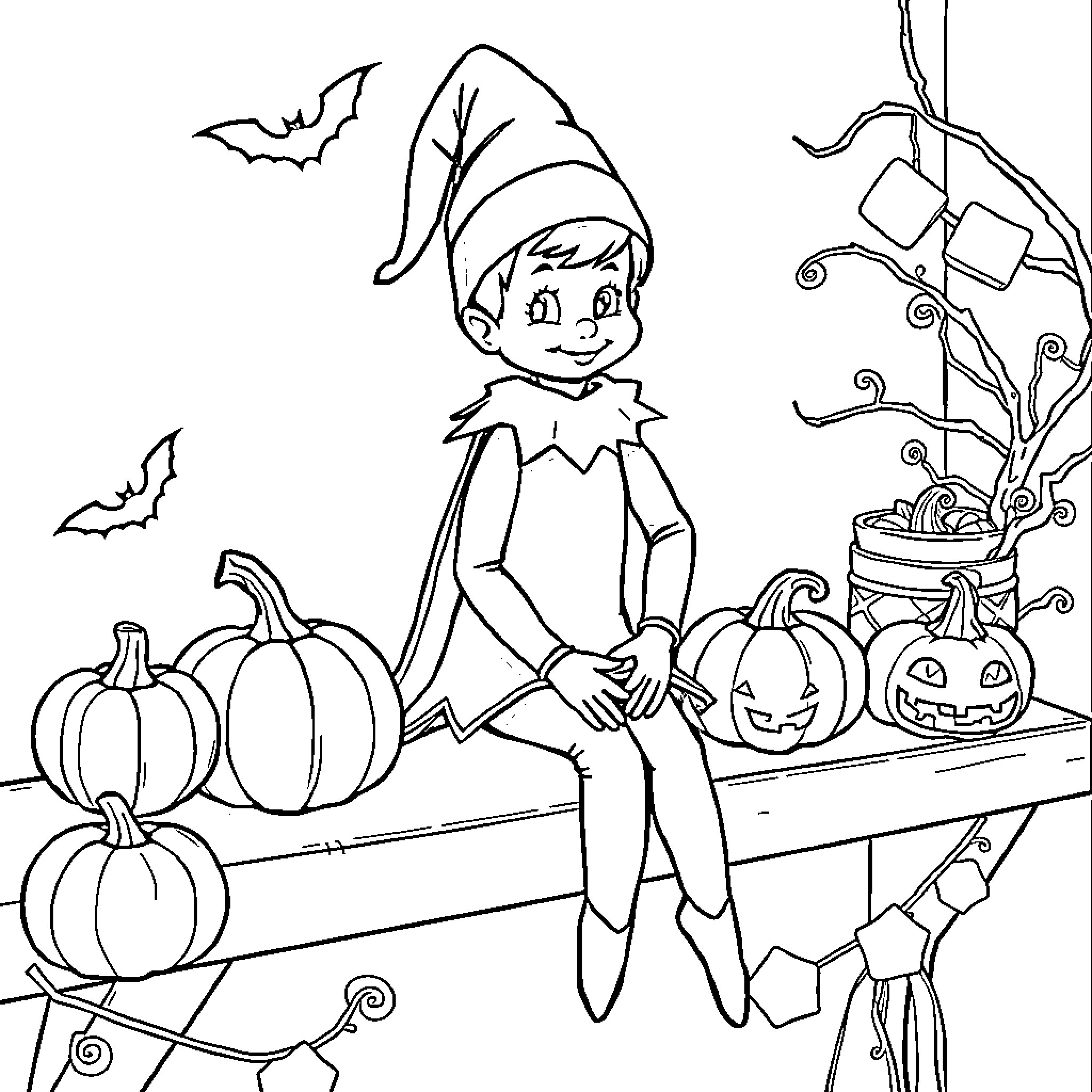 Elf in Halloween-themed scene with pumpkins and spooky decor Coloring Page (free black-and-white line drawing printable PDF for all, from beginners to advanced learners, including children, teens, adults, and seniors)