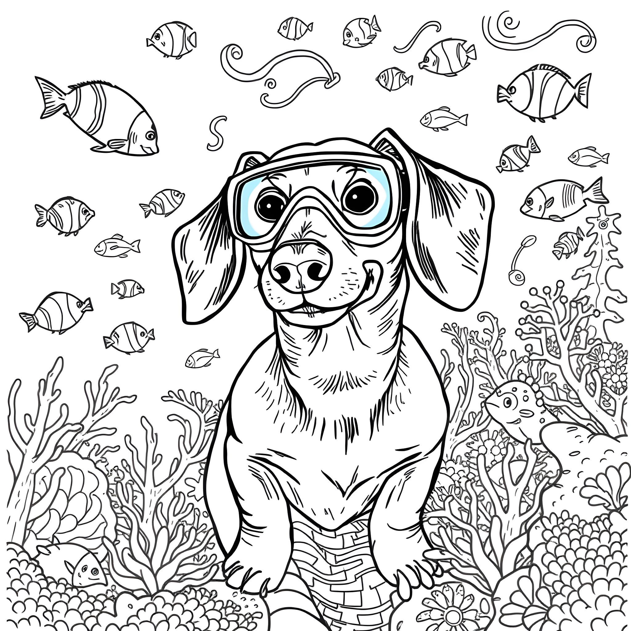 Dachshund exploring underwater world with diving gear Coloring Page (free black-and-white line drawing printable PDF for all, from beginners to advanced learners, including children, teens, adults, and seniors)
