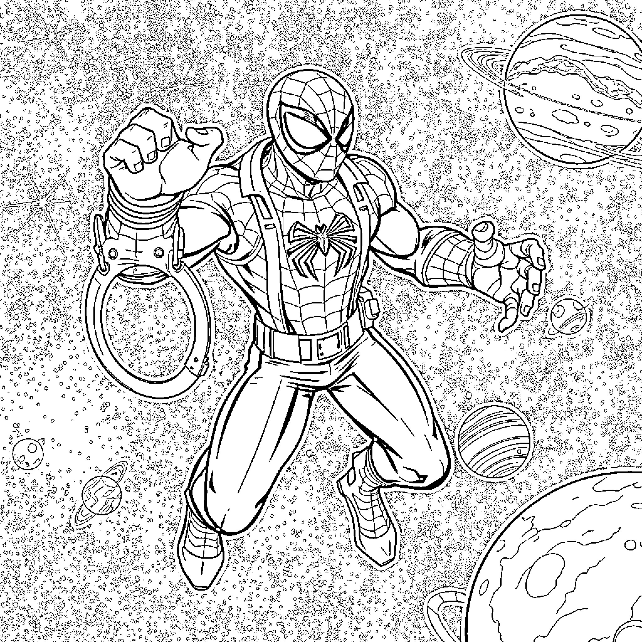 Spiderman heroically leaping through a cosmic scene Coloring Page (free black-and-white line drawing printable PDF for all, from beginners to advanced learners, including children, teens, adults, and seniors)
