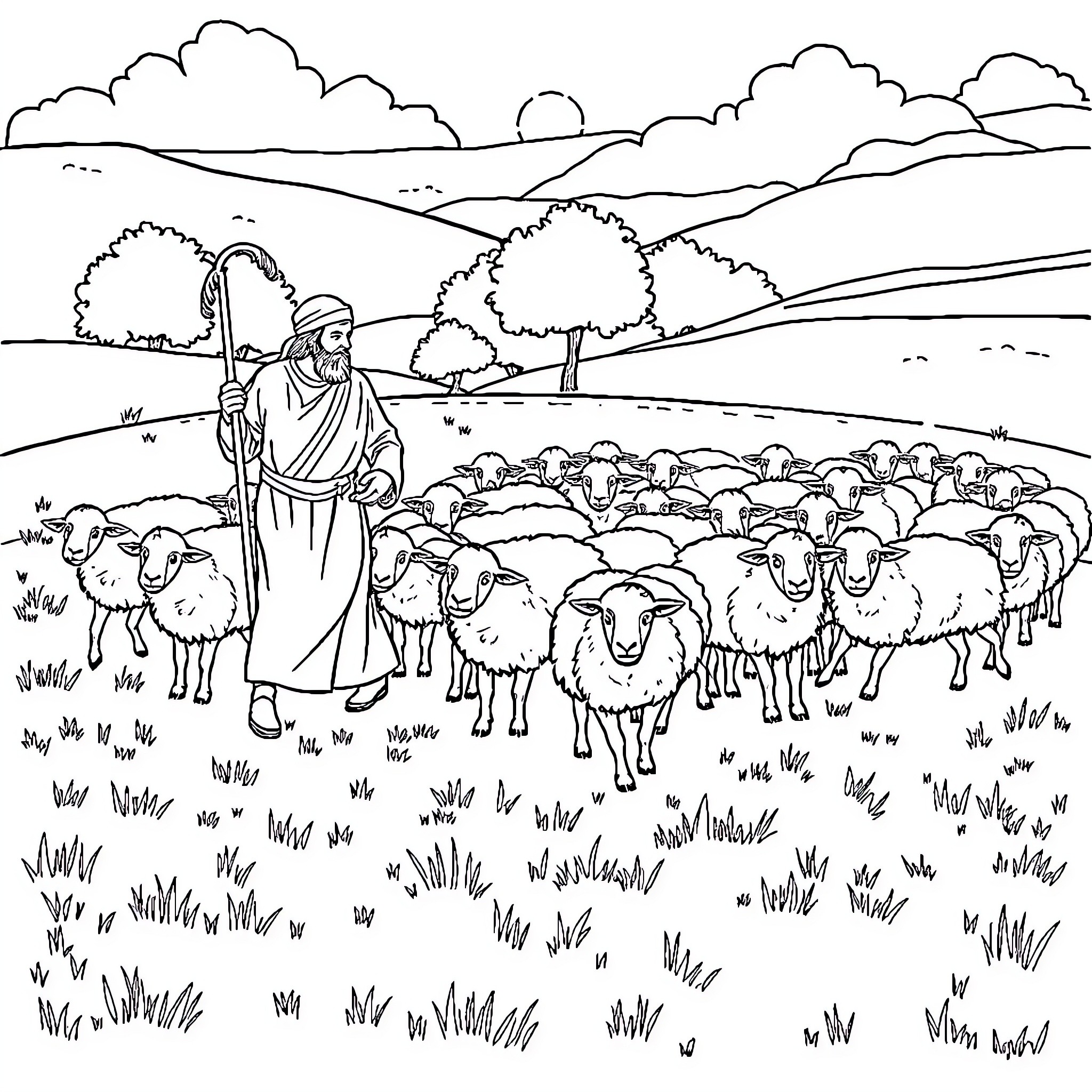 Shepherd leading a flock of sheep through the countryside Coloring Page (free black-and-white line drawing printable PDF for all, from beginners to advanced learners, including children, teens, adults, and seniors)