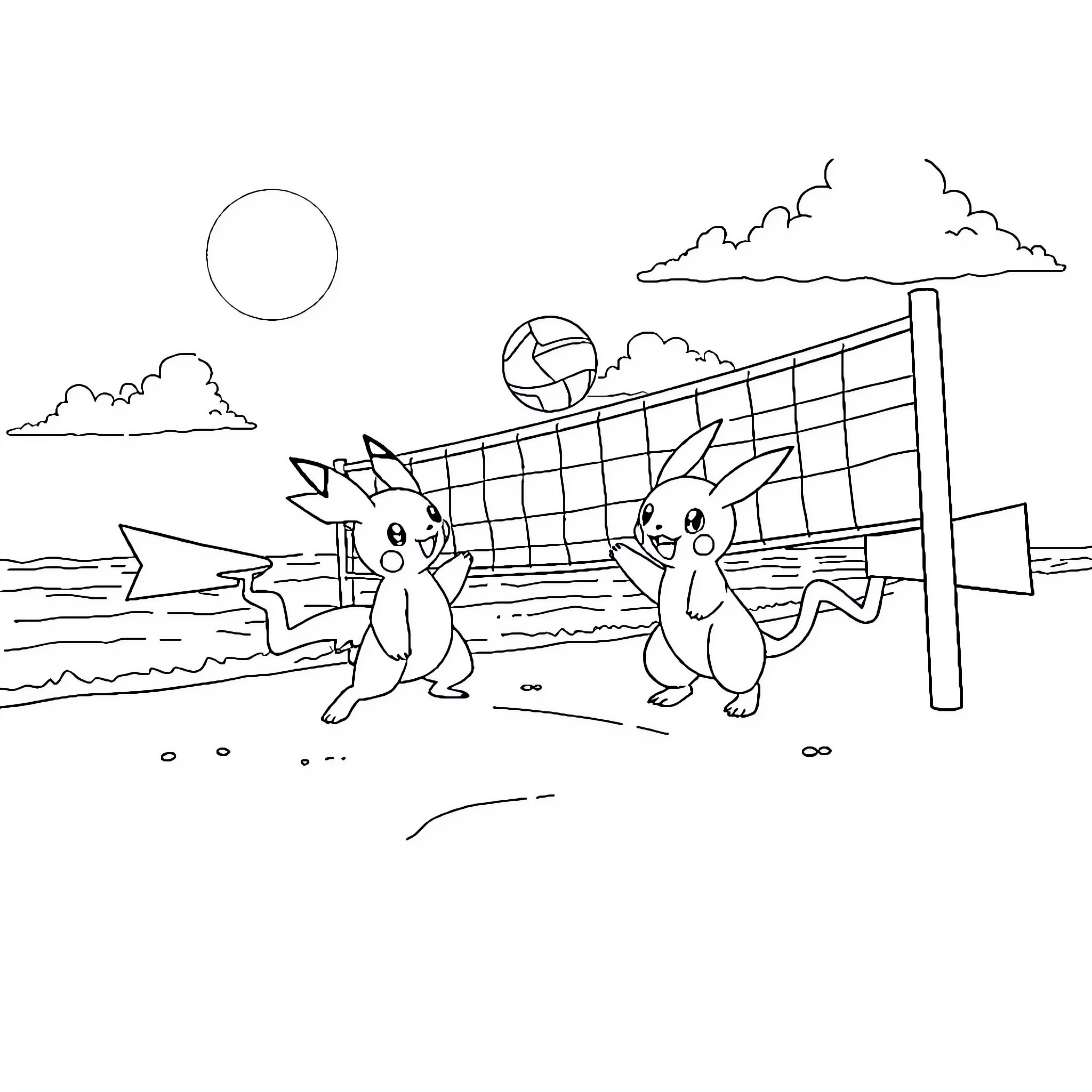 Pokémon playing volleyball on the beach Coloring Page (free black-and-white line drawing printable PDF for all, from beginners to advanced learners, including children, teens, adults, and seniors)