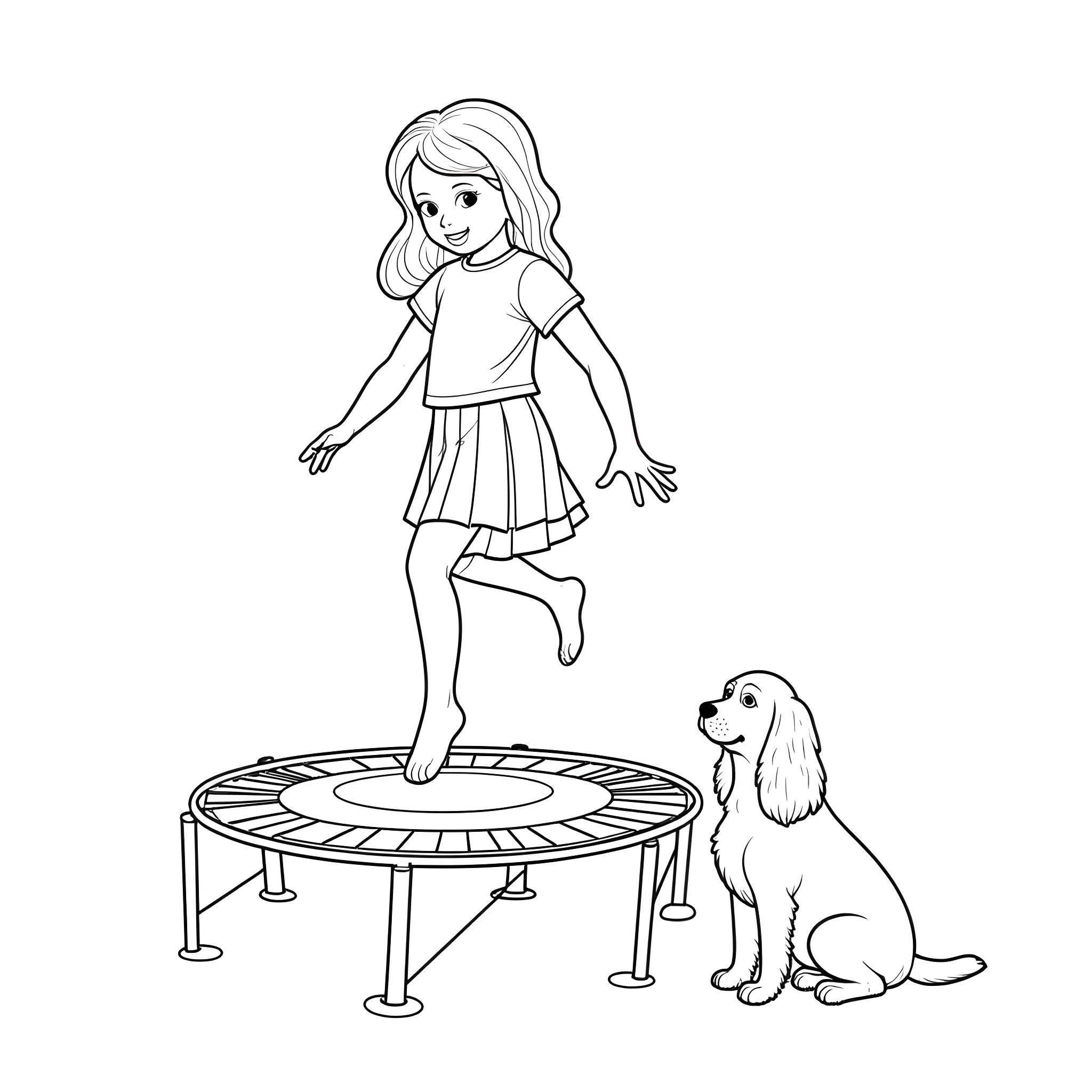 Girl jumping happily on trampoline with dog Coloring Page (free black-and-white line drawing printable PDF for all, from beginners to advanced learners, including children, teens, adults, and seniors)