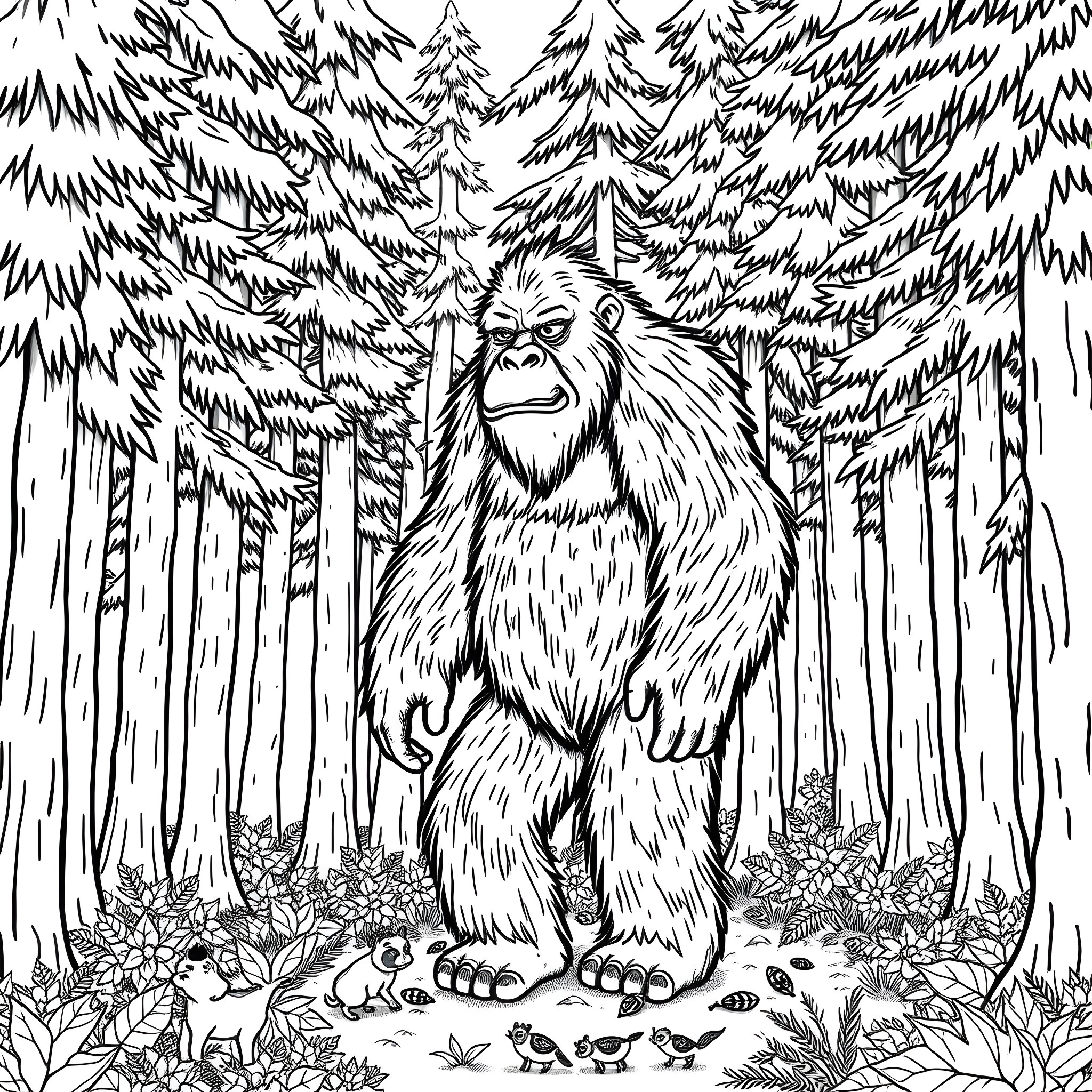 Bigfoot standing tall in the mysterious forest Coloring Page (free black-and-white line drawing printable PDF for all, from beginners to advanced learners, including children, teens, adults, and seniors)