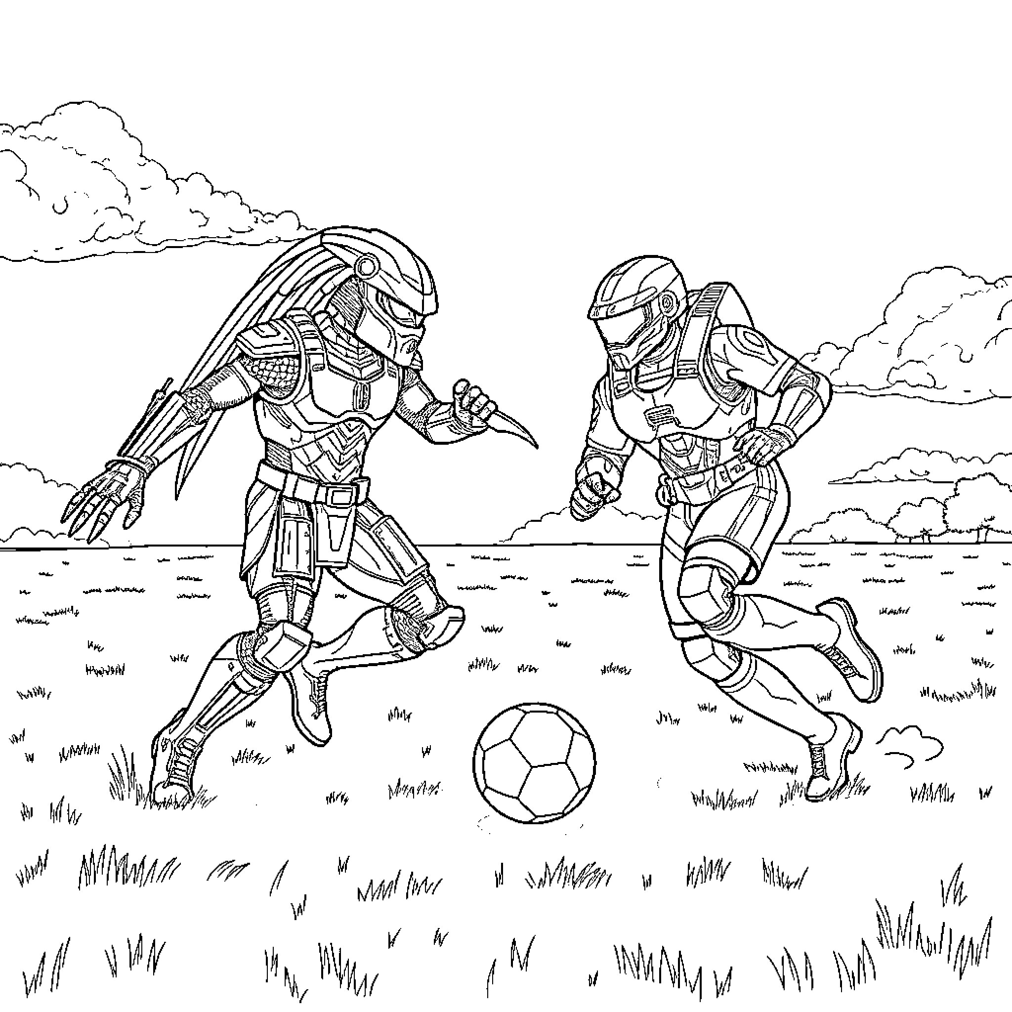 Predator robots playing soccer in the field Coloring Page (free black-and-white line drawing printable PDF for all, from beginners to advanced learners, including children, teens, adults, and seniors)