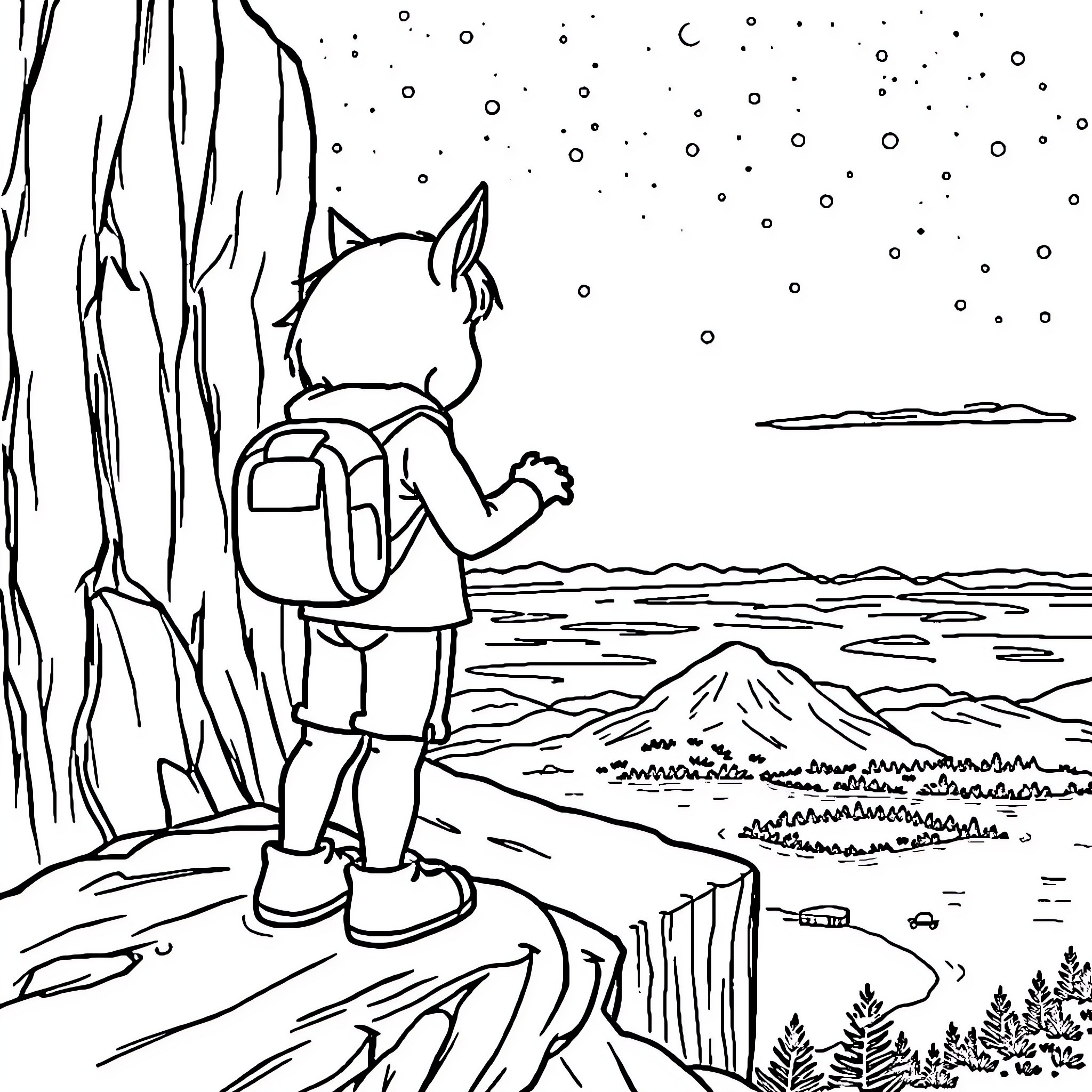 Noah exploring the serene wilderness under the starry sky Coloring Page (free black-and-white line drawing printable PDF for all, from beginners to advanced learners, including children, teens, adults, and seniors)