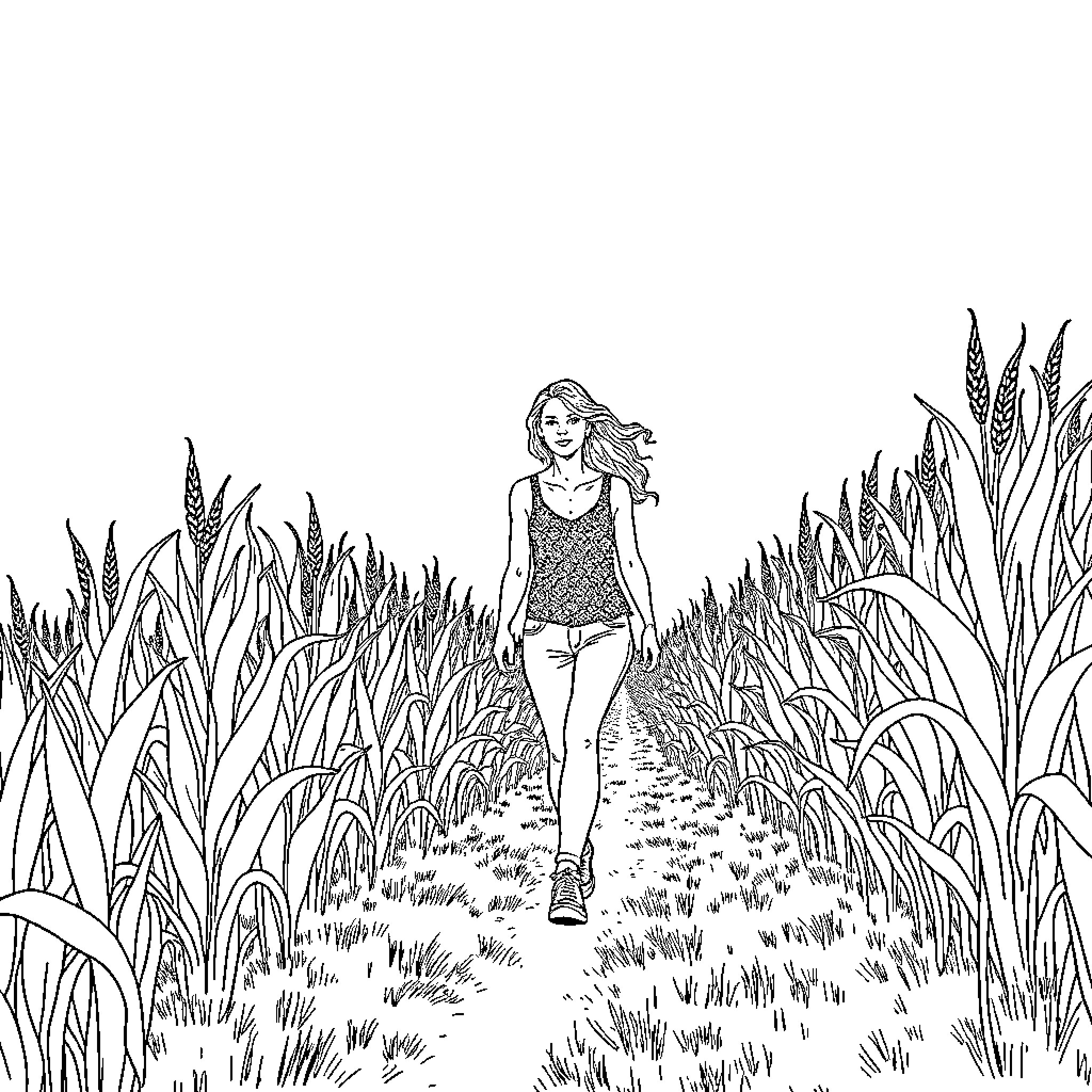 Janice walks through a meadow full of wheat Coloring Page (free black-and-white line drawing printable PDF for all, from beginners to advanced learners, including children, teens, adults, and seniors)