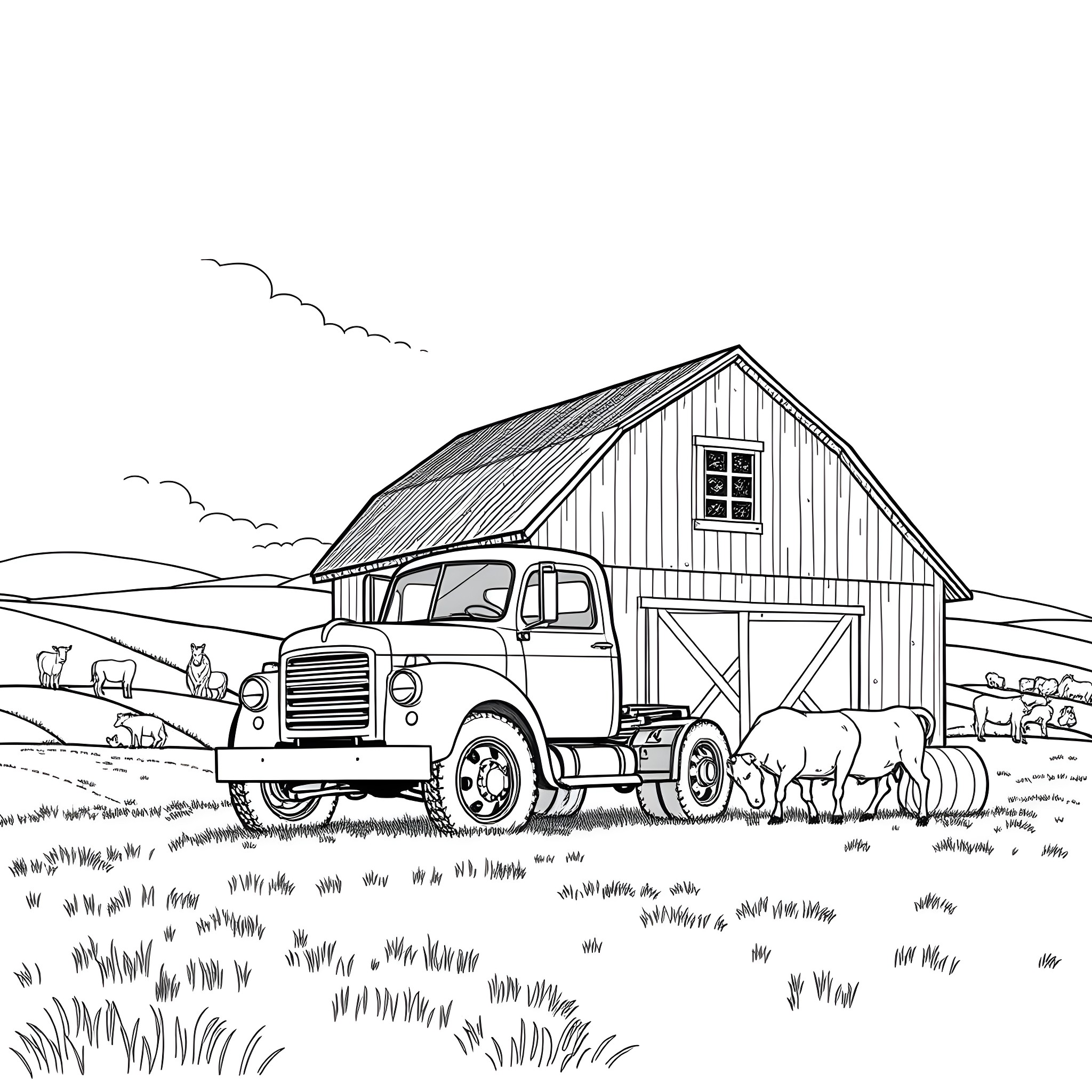 Truck hauling livestock near old barn Coloring Page (free black-and-white line drawing printable PDF for all, from beginners to advanced learners, including children, teens, adults, and seniors)