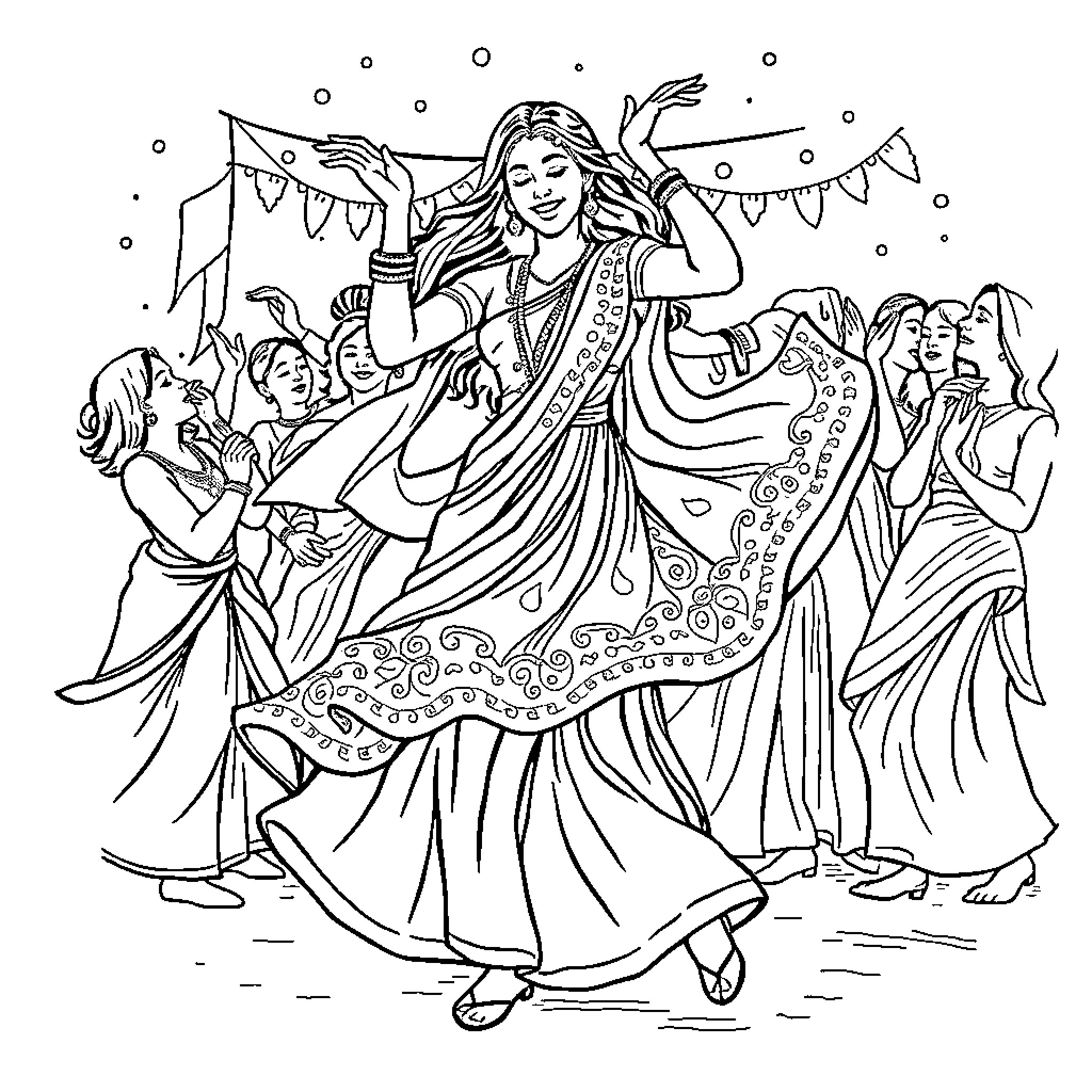 Rumi's Joyous Celebration with Friends Coloring Page (free black-and-white line drawing printable PDF for all, from beginners to advanced learners, including children, teens, adults, and seniors)