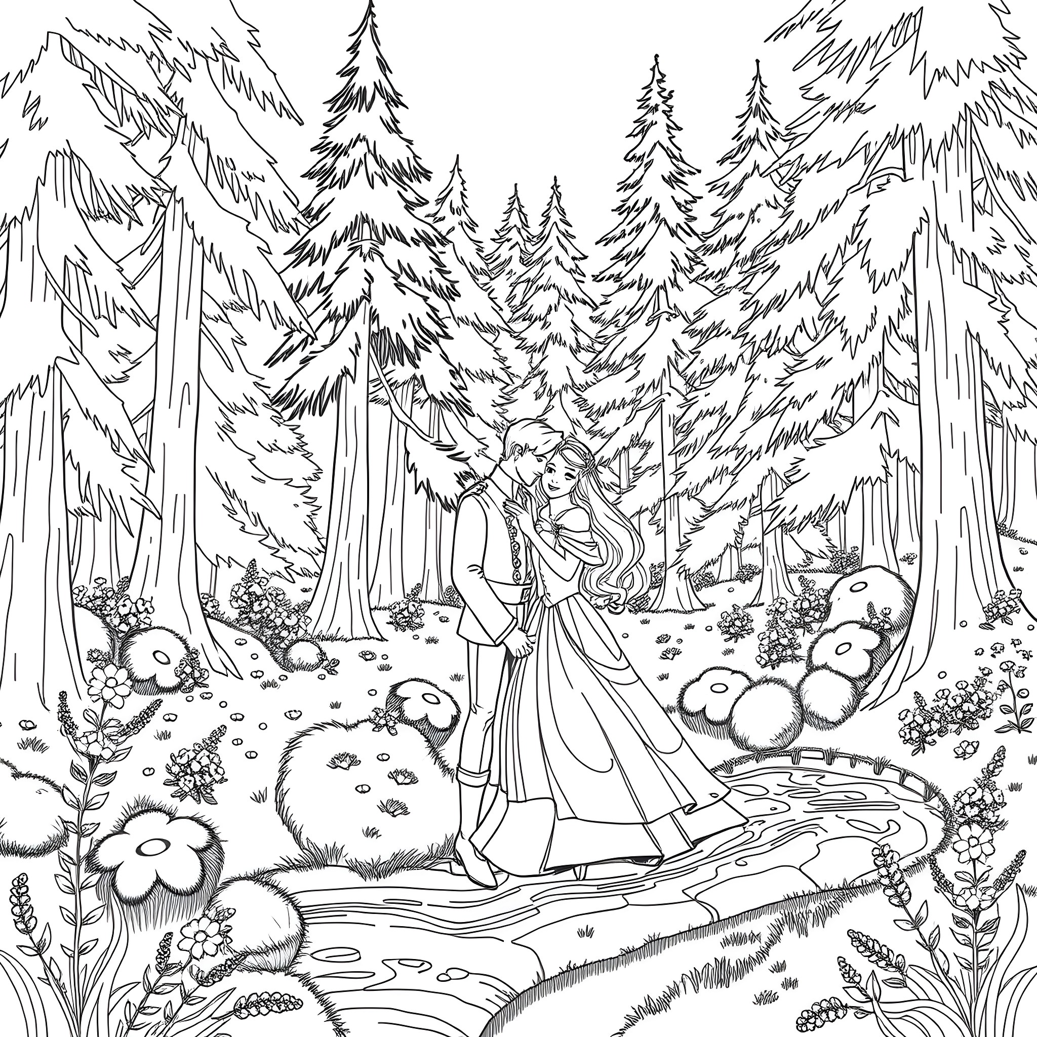 Aurora's Journey Through the Enchanted Forest Coloring Page (free black-and-white line drawing printable PDF for all, from beginners to advanced learners, including children, teens, adults, and seniors)