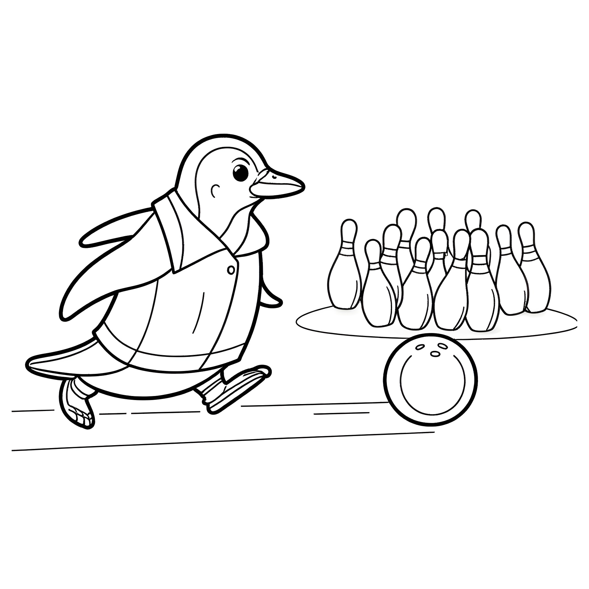 Penguin bowling with pins Coloring Page (free black-and-white line drawing printable PDF for all, from beginners to advanced learners, including children, teens, adults, and seniors)