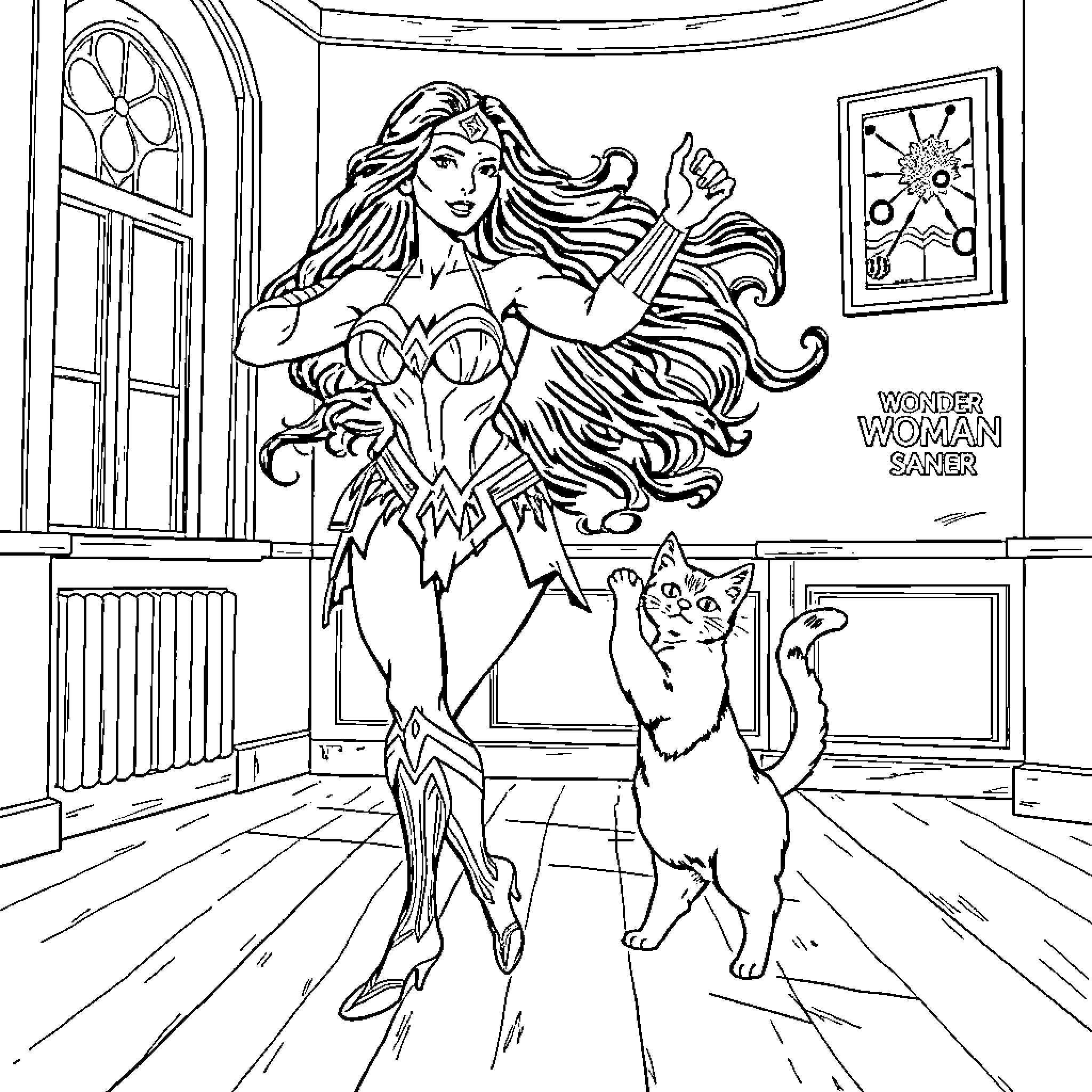 Wonder Woman and her feline friend in action Coloring Page (free black-and-white line drawing printable PDF for all, from beginners to advanced learners, including children, teens, adults, and seniors)