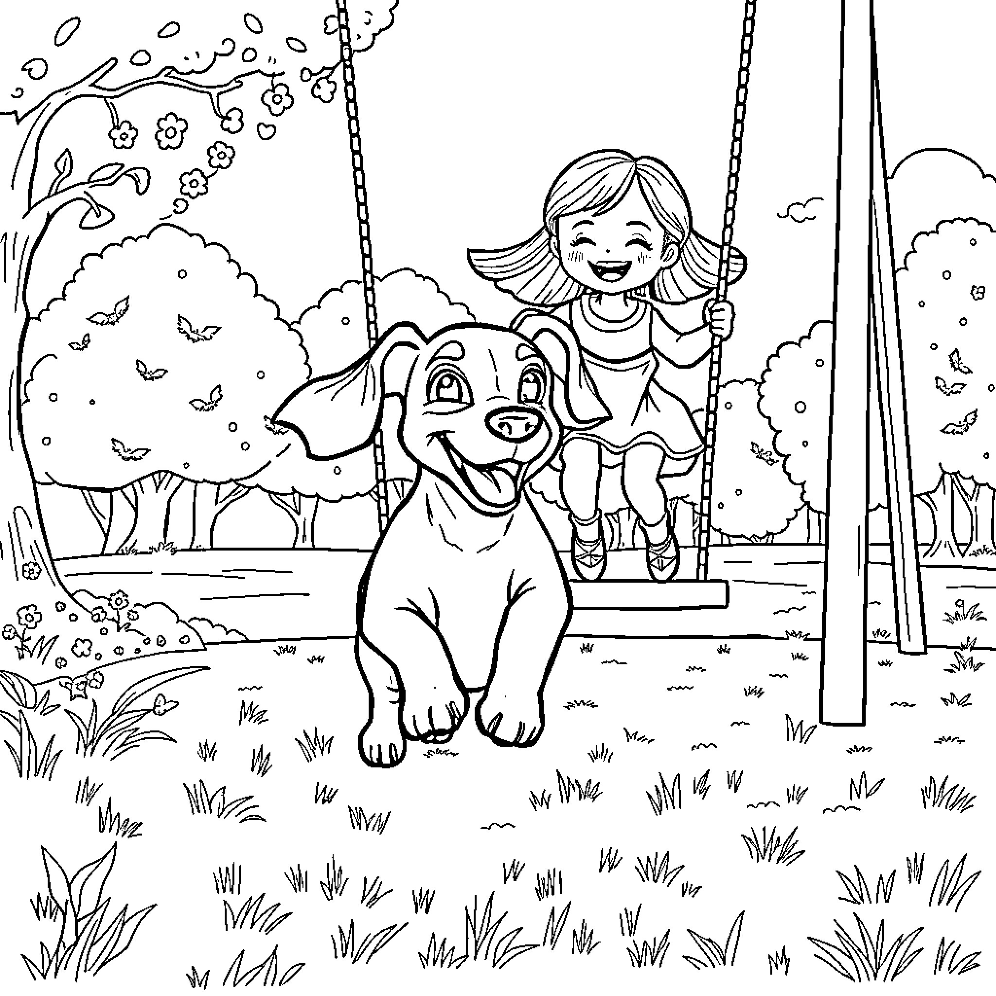 Dachshund and girl playing on a swing in the park Coloring Page (free black-and-white line drawing printable PDF for all, from beginners to advanced learners, including children, teens, adults, and seniors)