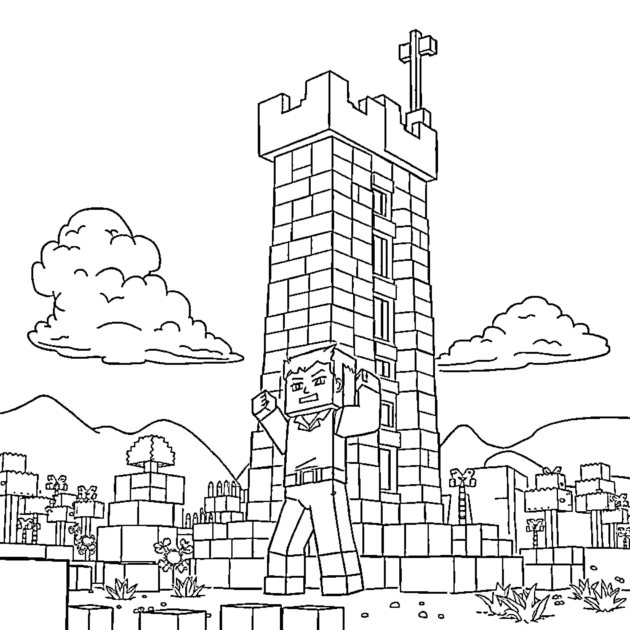 Steve guards the castle tower in the city landscape Coloring Page (free black-and-white line drawing printable PDF for all, from beginners to advanced learners, including children, teens, adults, and seniors)