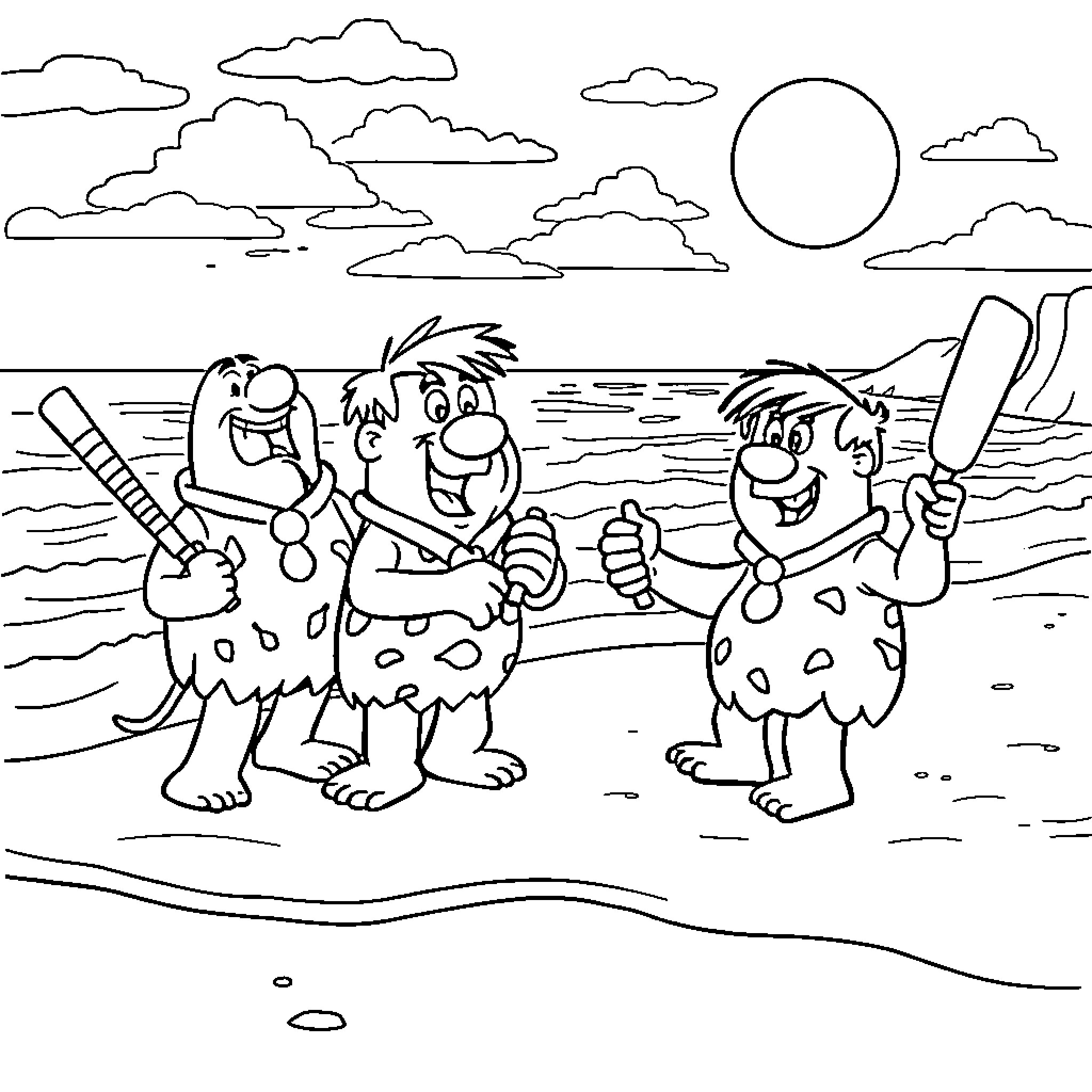Flintstones enjoying beach activities in the sun Coloring Page (free black-and-white line drawing printable PDF for all, from beginners to advanced learners, including children, teens, adults, and seniors)