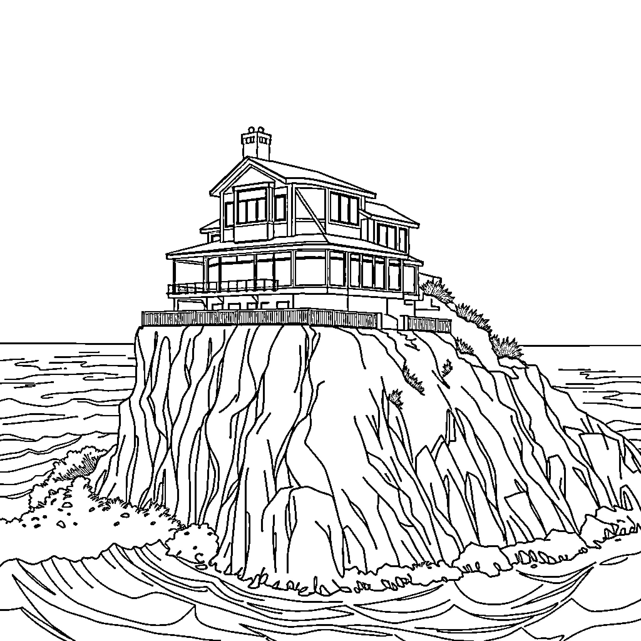 Cliff House on Dramatic Coastal Cliffside Coloring Page (free black-and-white line drawing printable PDF for all, from beginners to advanced learners, including children, teens, adults, and seniors)