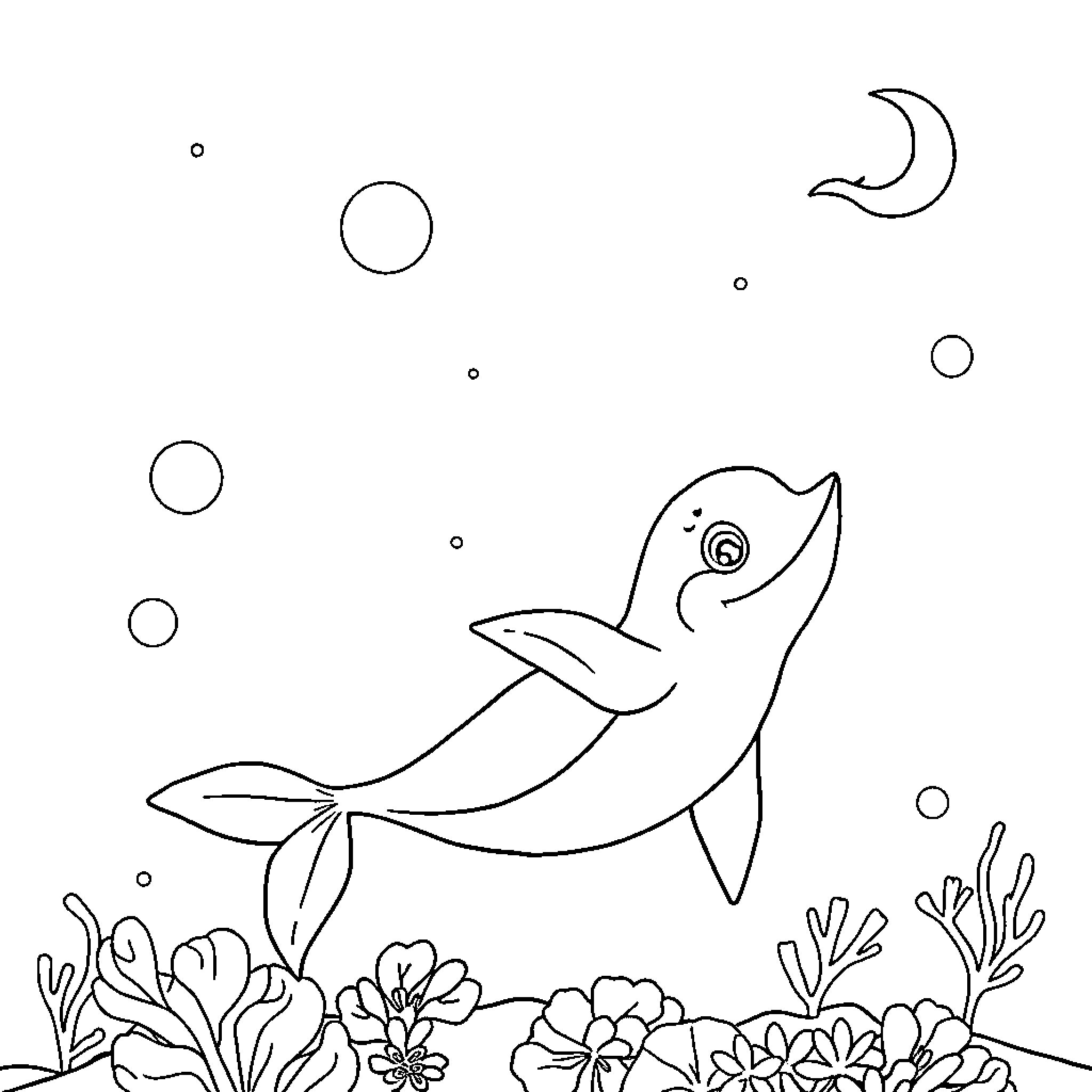 Mermaid swimming in the ocean at night Coloring Page (free black-and-white line drawing printable PDF for all, from beginners to advanced learners, including children, teens, adults, and seniors)