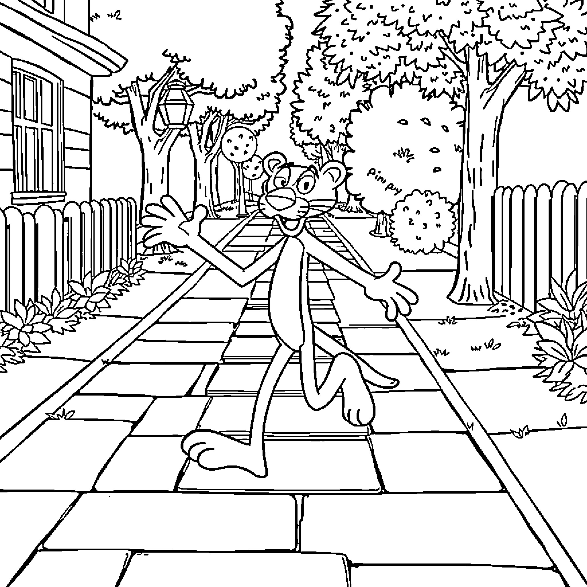 Pink Panther Playfully Roaming the Neighborhood Coloring Page (free black-and-white line drawing printable PDF for all, from beginners to advanced learners, including children, teens, adults, and seniors)
