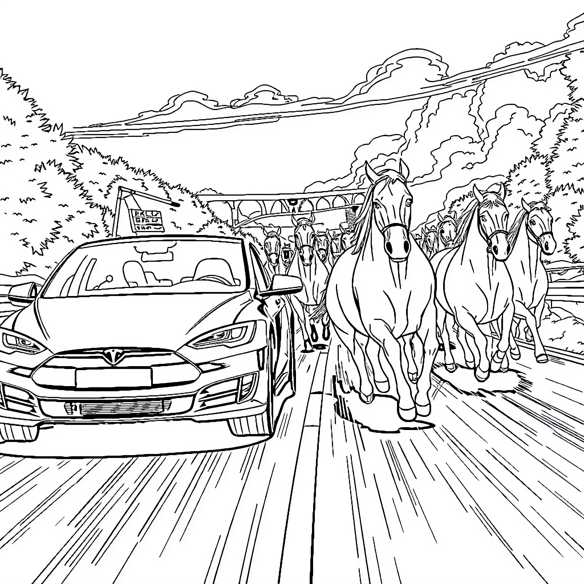 Tesla electric car racing against horses on the road Coloring Page (free black-and-white line drawing printable PDF for all, from beginners to advanced learners, including children, teens, adults, and seniors)