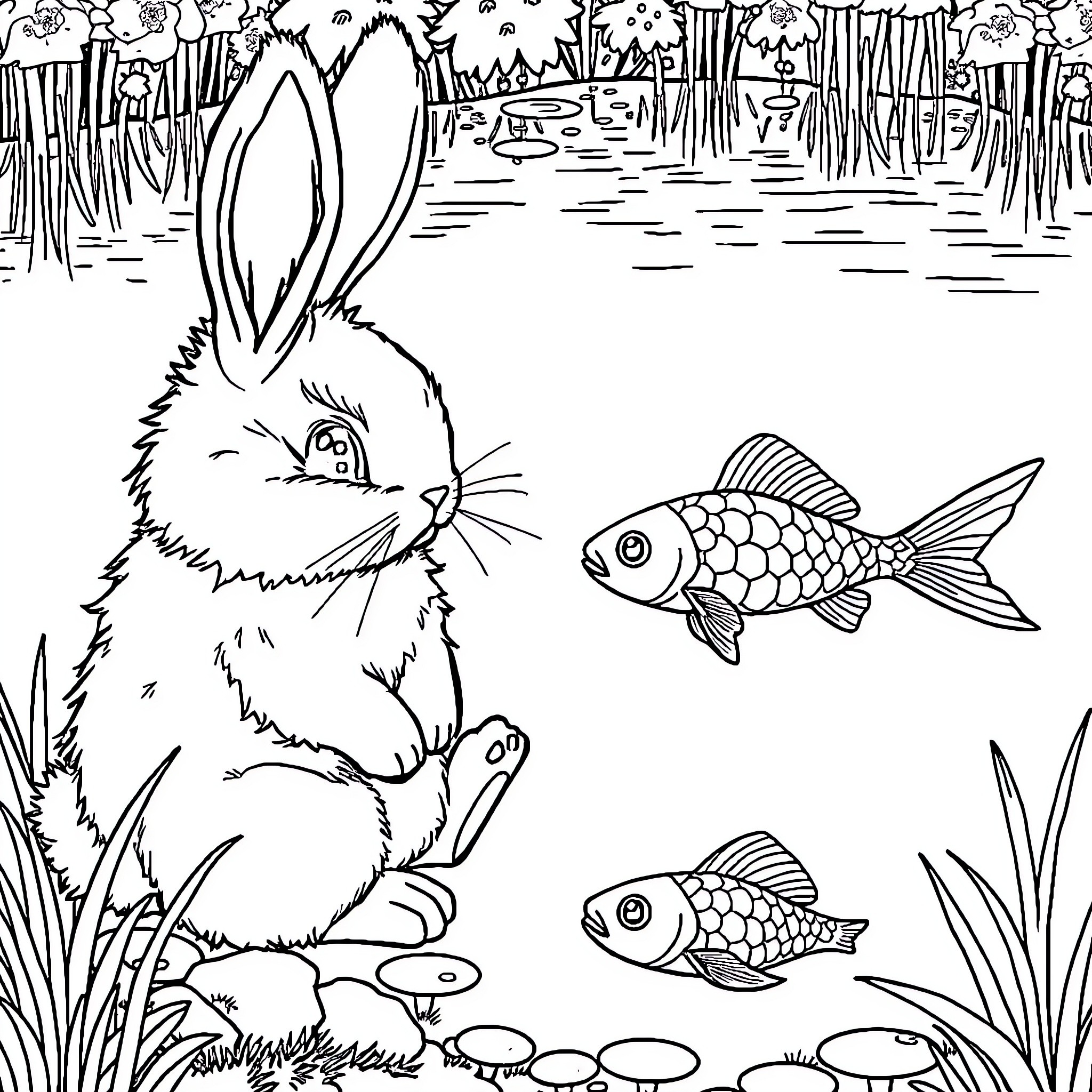 Bunny observing fish in nature Coloring Page (free black-and-white line drawing printable PDF for all, from beginners to advanced learners, including children, teens, adults, and seniors)