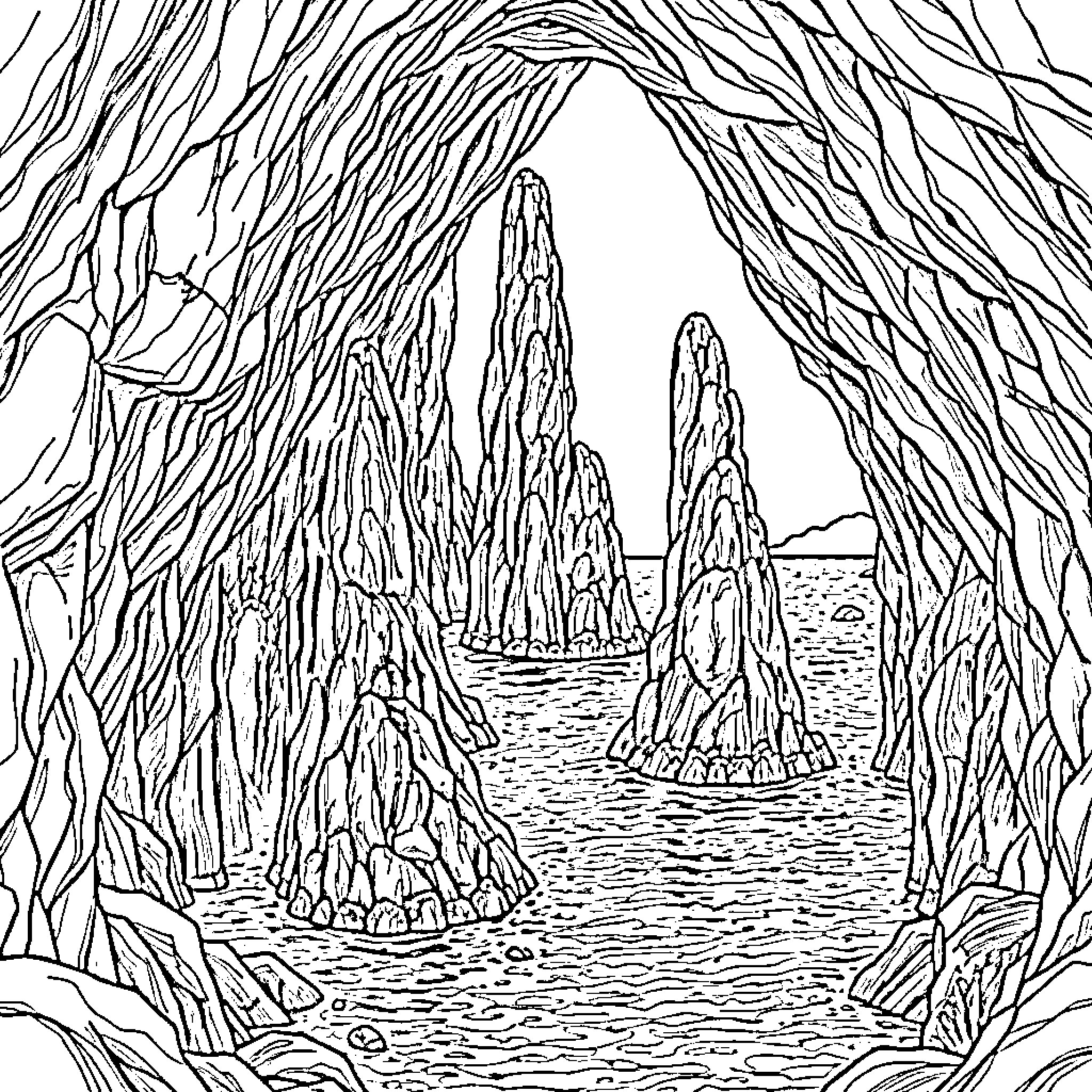 Fingal's Cave - Majestic rock formations in a cave Coloring Page (free black-and-white line drawing printable PDF for all, from beginners to advanced learners, including children, teens, adults, and seniors)