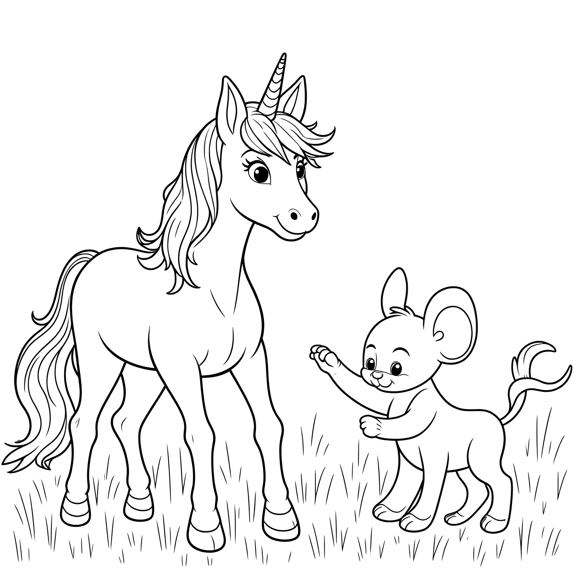 Unicorn and mouse playing in the meadow Coloring Page (free black-and-white line drawing printable PDF for all, from beginners to advanced learners, including children, teens, adults, and seniors)