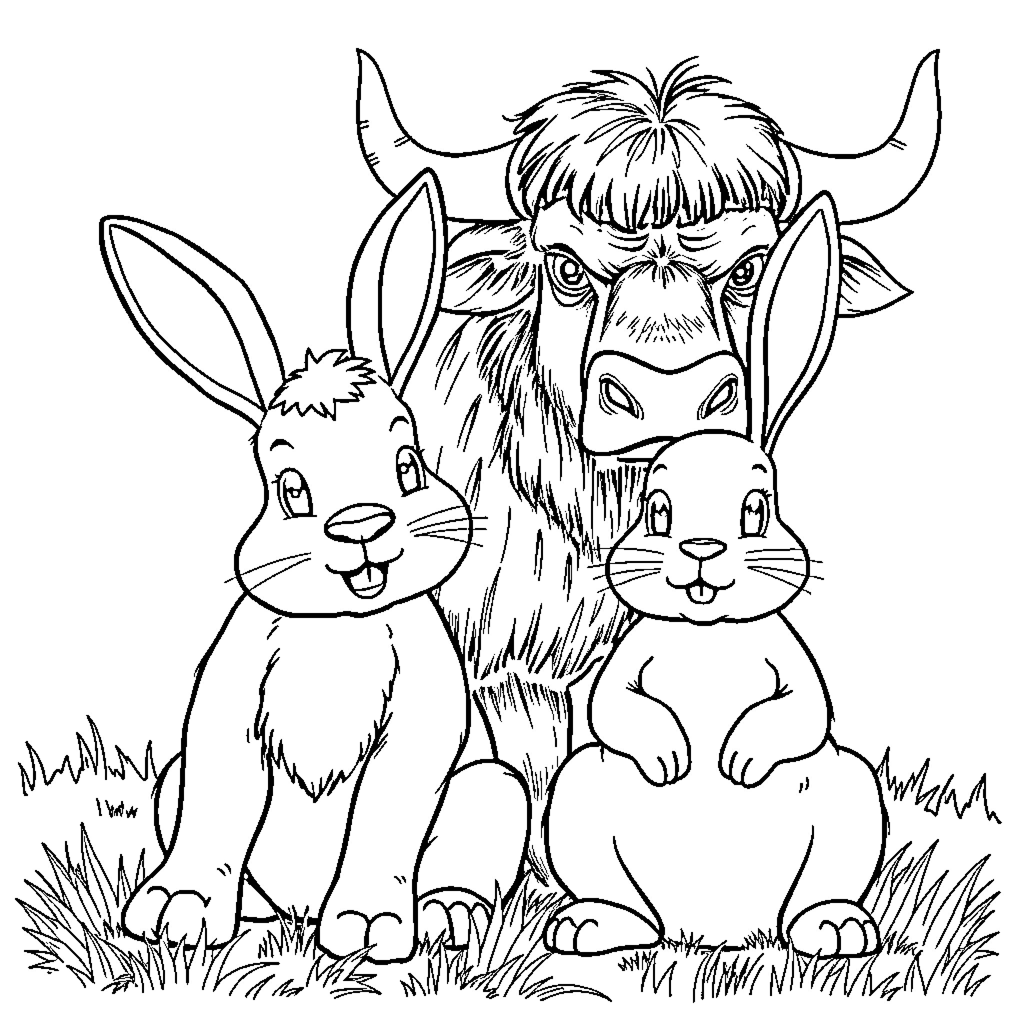 Rabbit friends with furry beast in the meadow Coloring Page (free black-and-white line drawing printable PDF for all, from beginners to advanced learners, including children, teens, adults, and seniors)