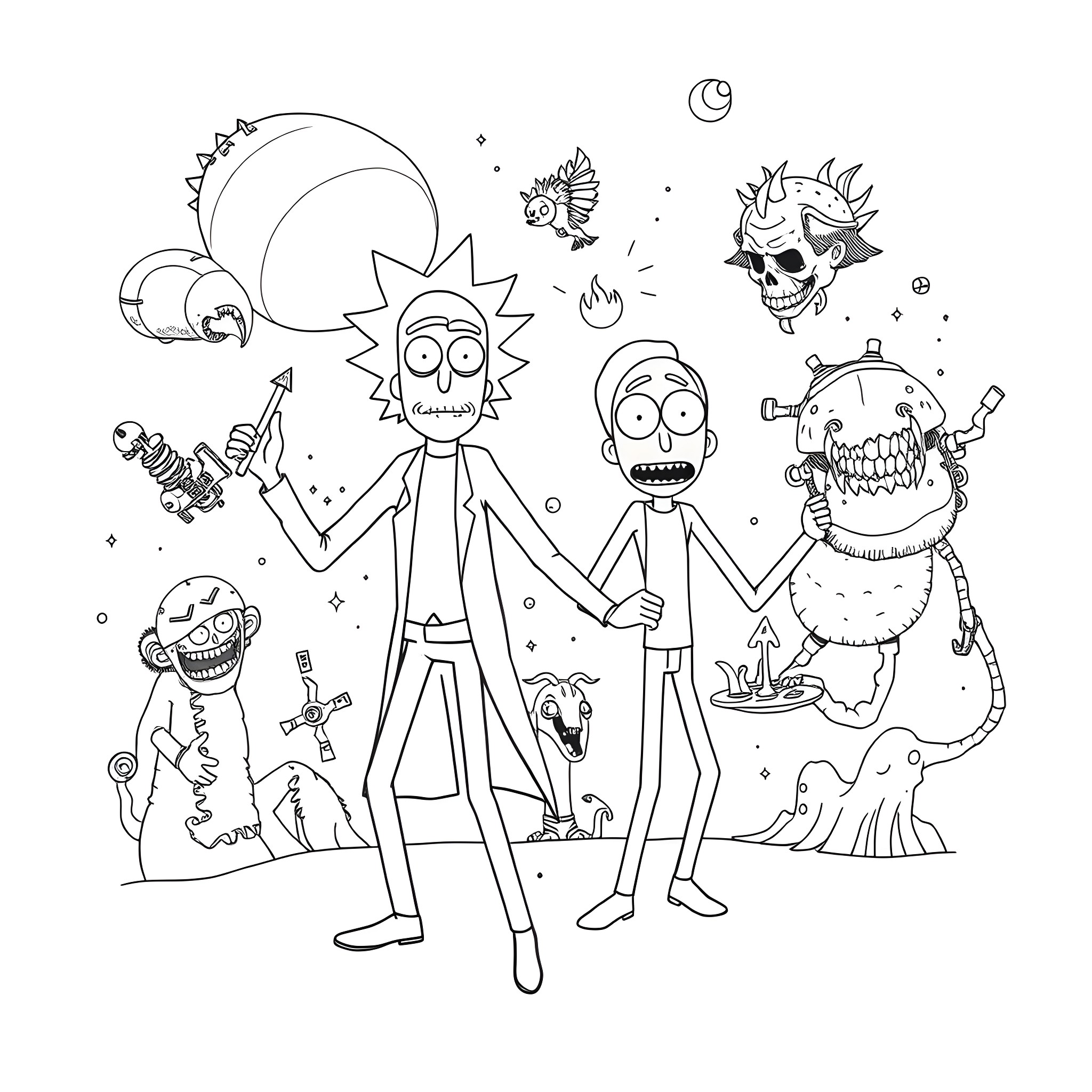 Rick And Morty's Crazy Sci-Fi Adventure Coloring Page (free black-and-white line drawing printable PDF for all, from beginners to advanced learners, including children, teens, adults, and seniors)