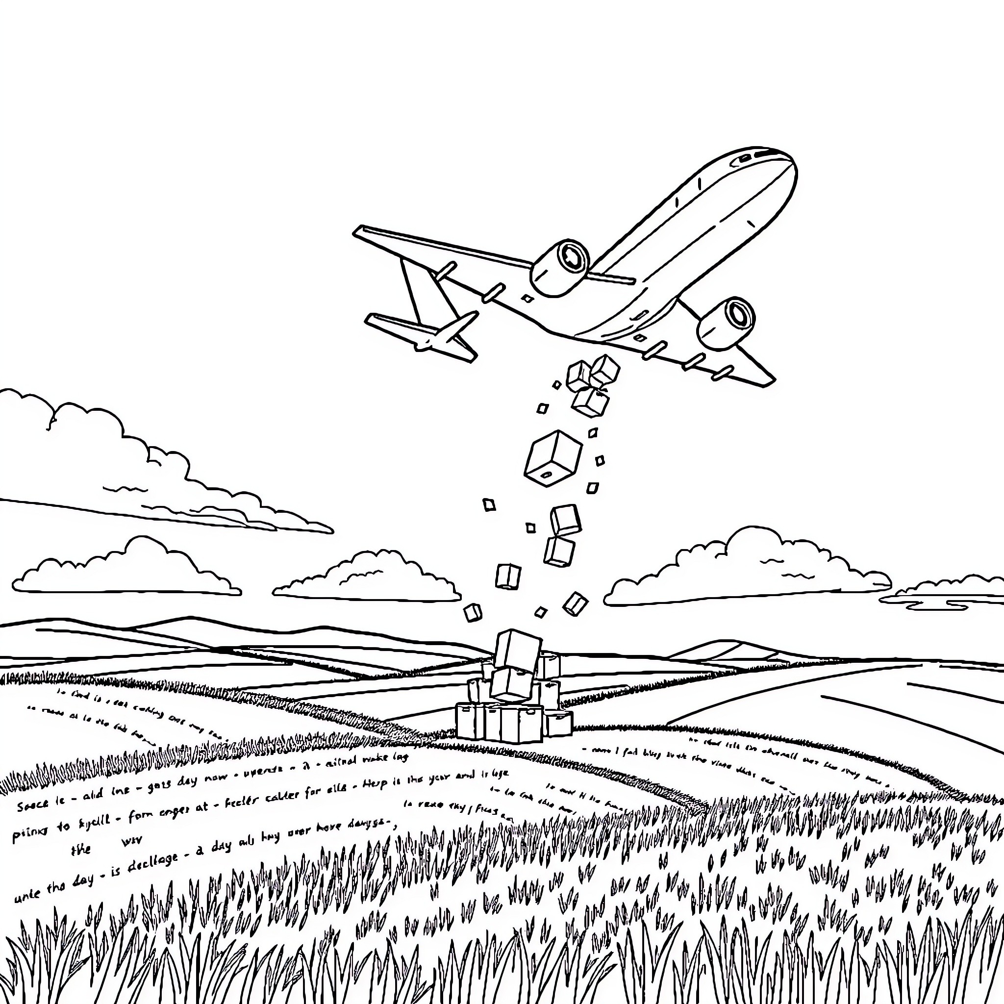 Plane dropping cargo over rural landscape Coloring Page (free black-and-white line drawing printable PDF for all, from beginners to advanced learners, including children, teens, adults, and seniors)