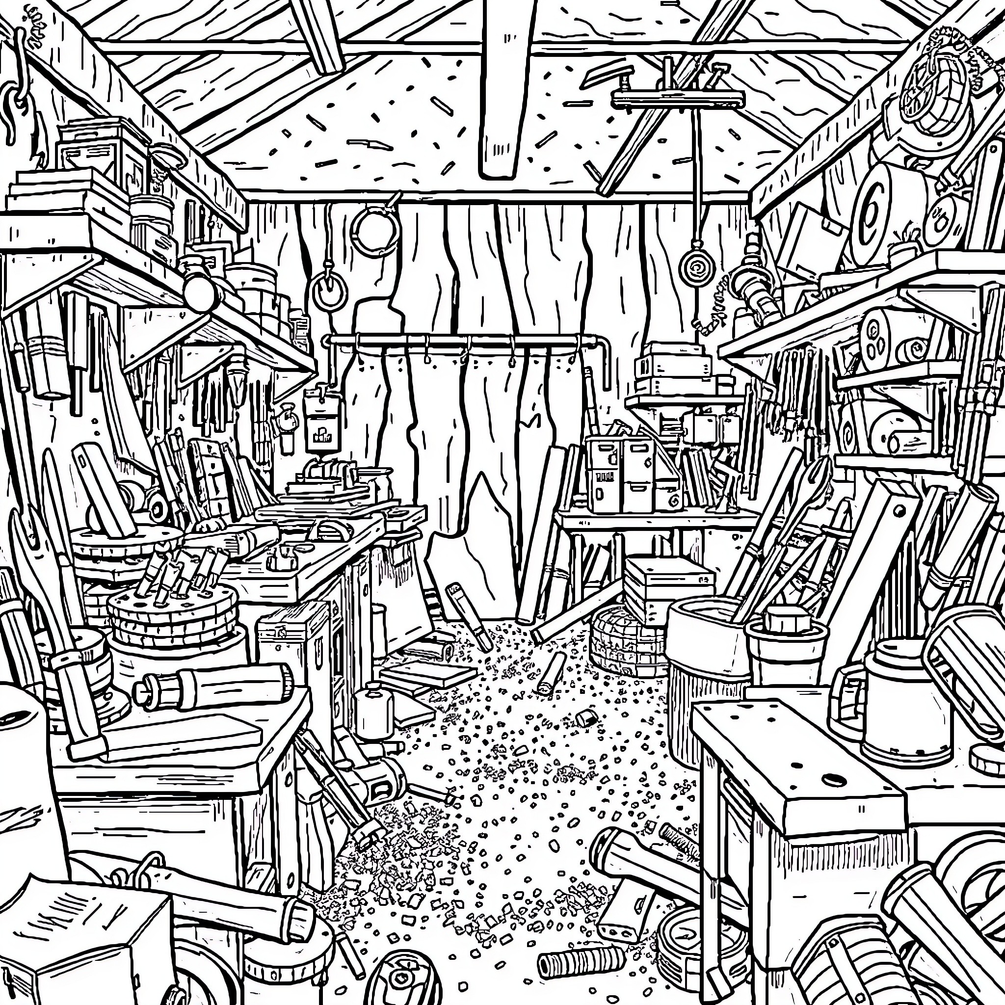 Workshop of Varied Tools and Objects Coloring Page (free black-and-white line drawing printable PDF for all, from beginners to advanced learners, including children, teens, adults, and seniors)
