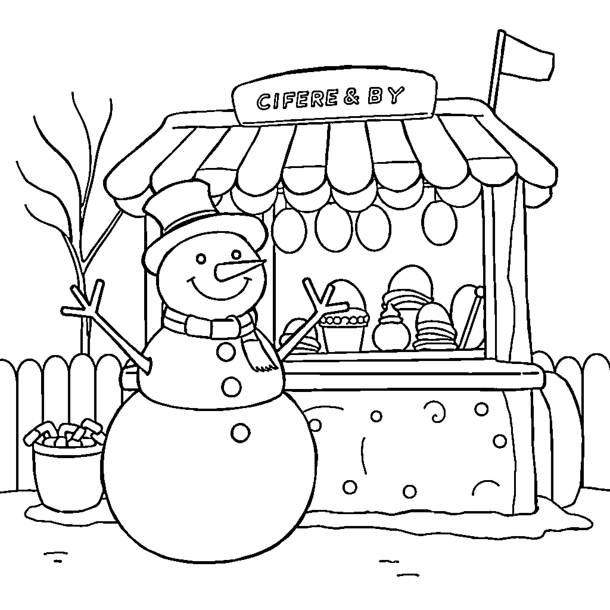 Snowman selling winter treats at a cozy market stall Coloring Page (free black-and-white line drawing printable PDF for all, from beginners to advanced learners, including children, teens, adults, and seniors)
