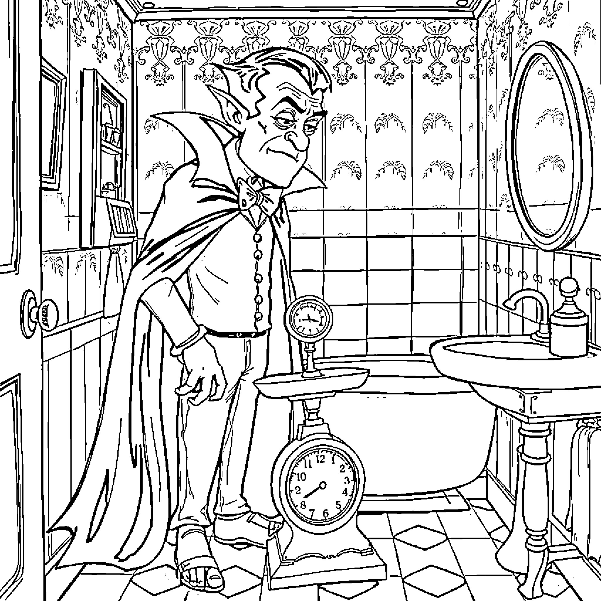 Dracula preparing for a sinister ritual in the bathroom Coloring Page (free black-and-white line drawing printable PDF for all, from beginners to advanced learners, including children, teens, adults, and seniors)