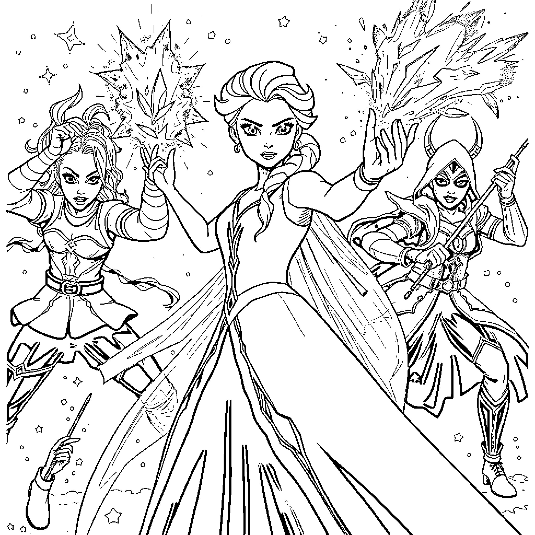 Elsa's Magical Moments with Frozen Friends Coloring Page (free black-and-white line drawing printable PDF for all, from beginners to advanced learners, including children, teens, adults, and seniors)