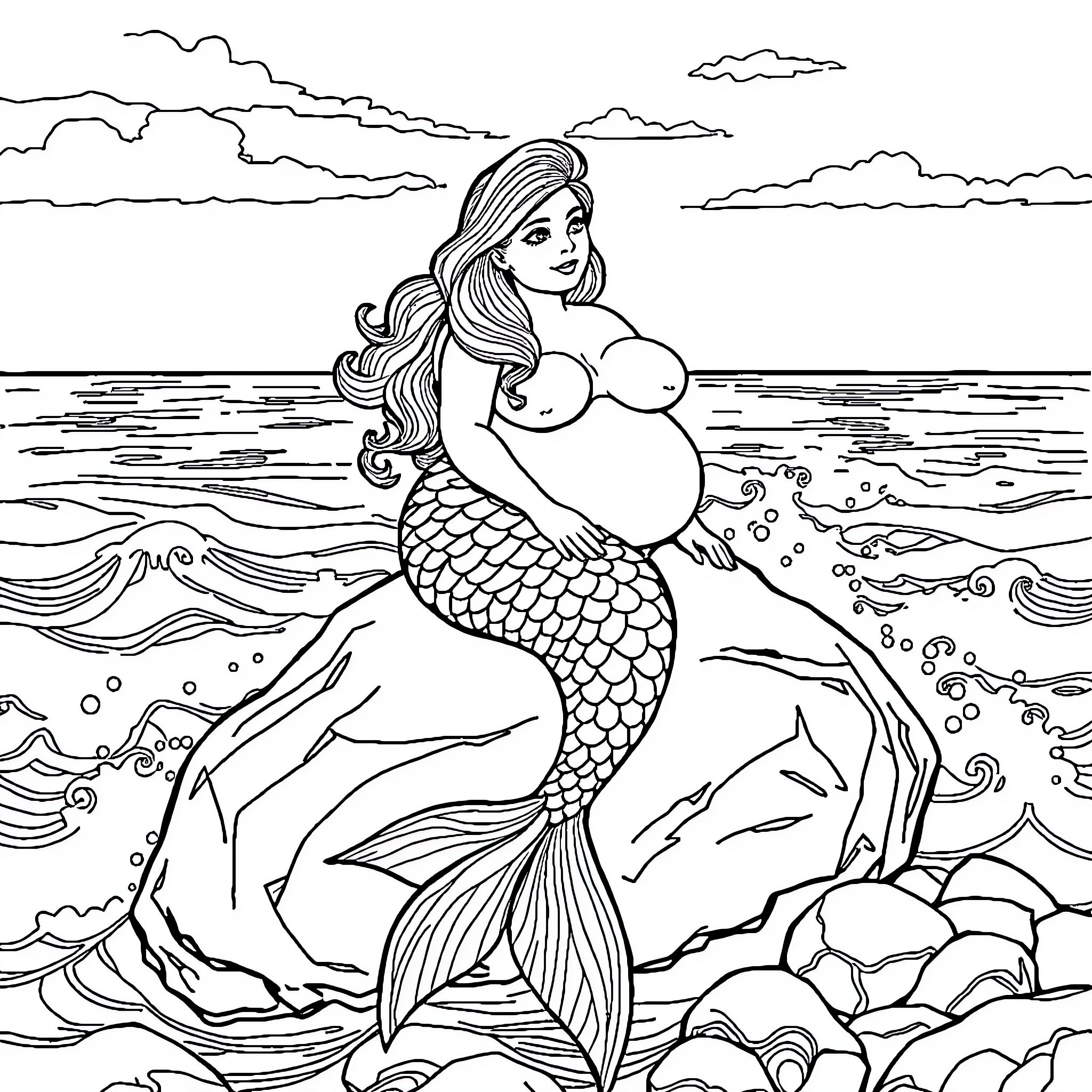 Mermaid lounging peacefully in the ocean waves Coloring Page (free black-and-white line drawing printable PDF for all, from beginners to advanced learners, including children, teens, adults, and seniors)