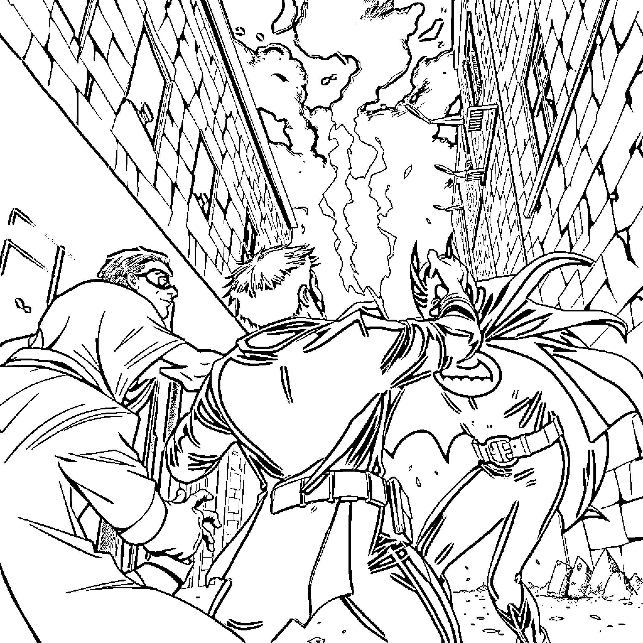 Robin fights against villains in the city Coloring Page (free black-and-white line drawing printable PDF for all, from beginners to advanced learners, including children, teens, adults, and seniors)