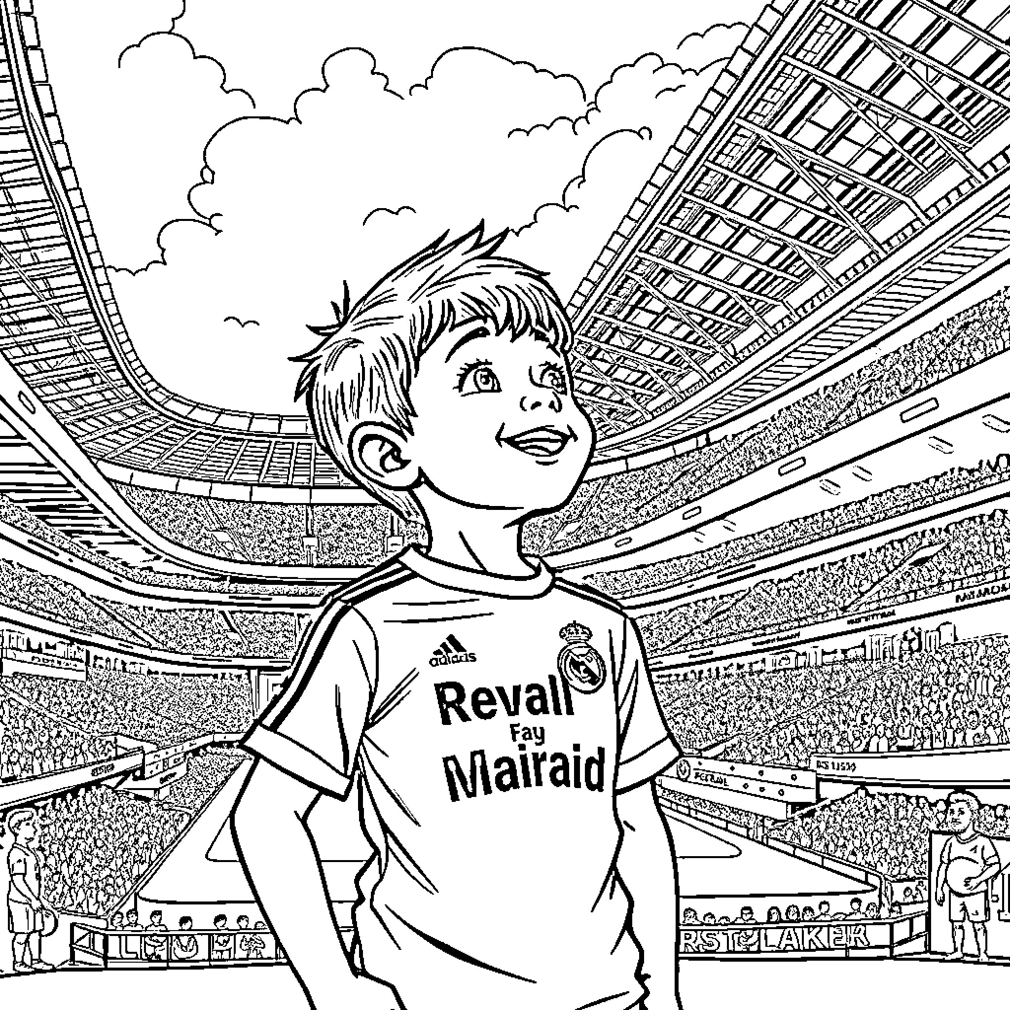 Boy cheering happily at the sports stadium Coloring Page (free black-and-white line drawing printable PDF for all, from beginners to advanced learners, including children, teens, adults, and seniors)
