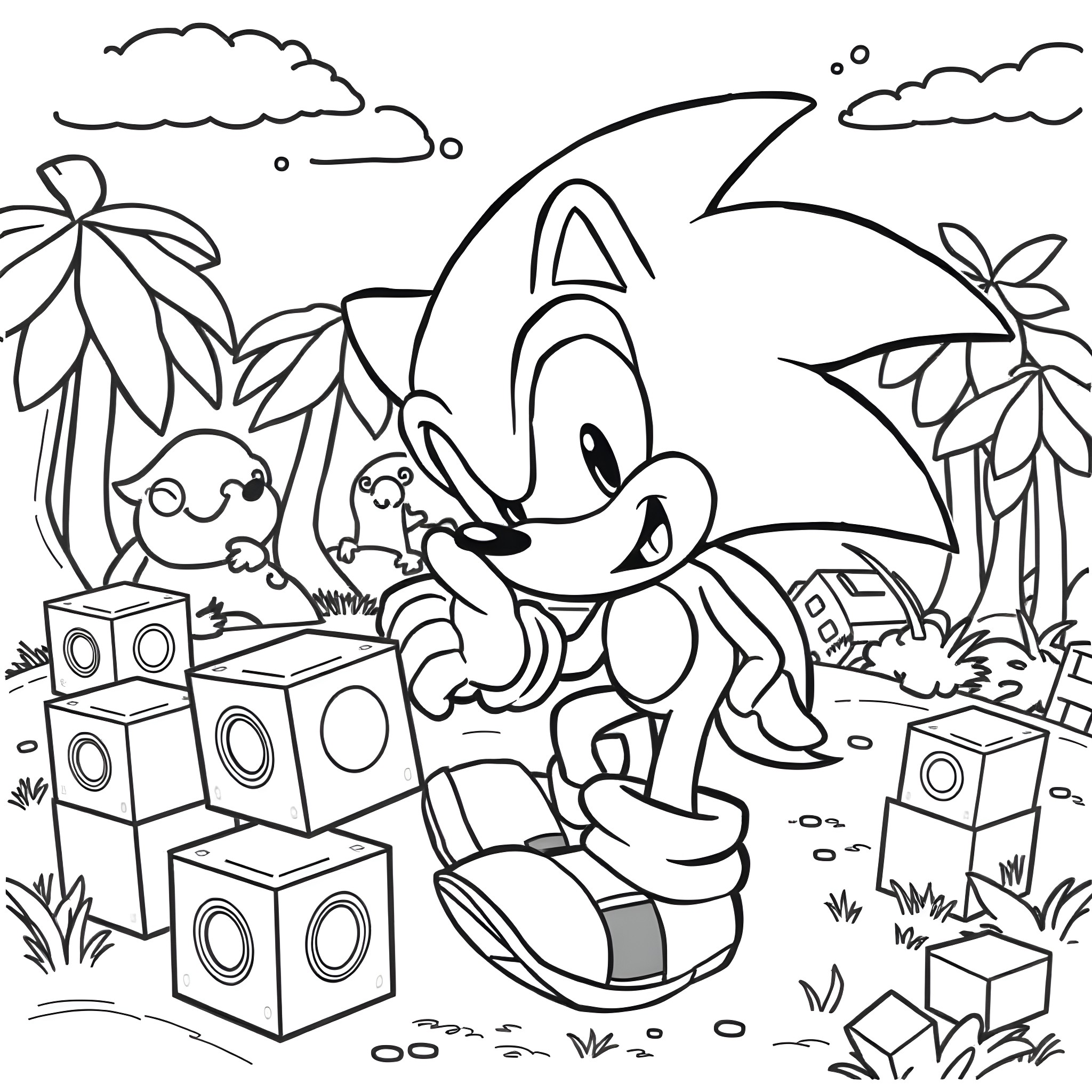 Sonic enjoying a musical dance in the jungle Coloring Page (free black-and-white line drawing printable PDF for all, from beginners to advanced learners, including children, teens, adults, and seniors)