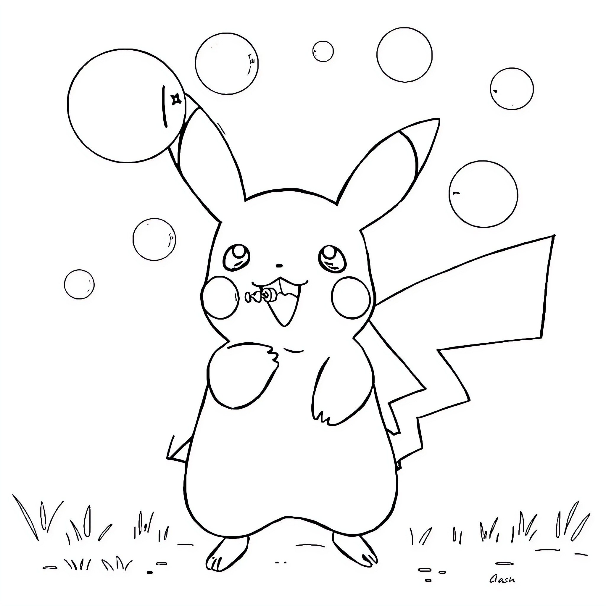 Pikachu playing happily with bubbles Coloring Page (free black-and-white line drawing printable PDF for all, from beginners to advanced learners, including children, teens, adults, and seniors)