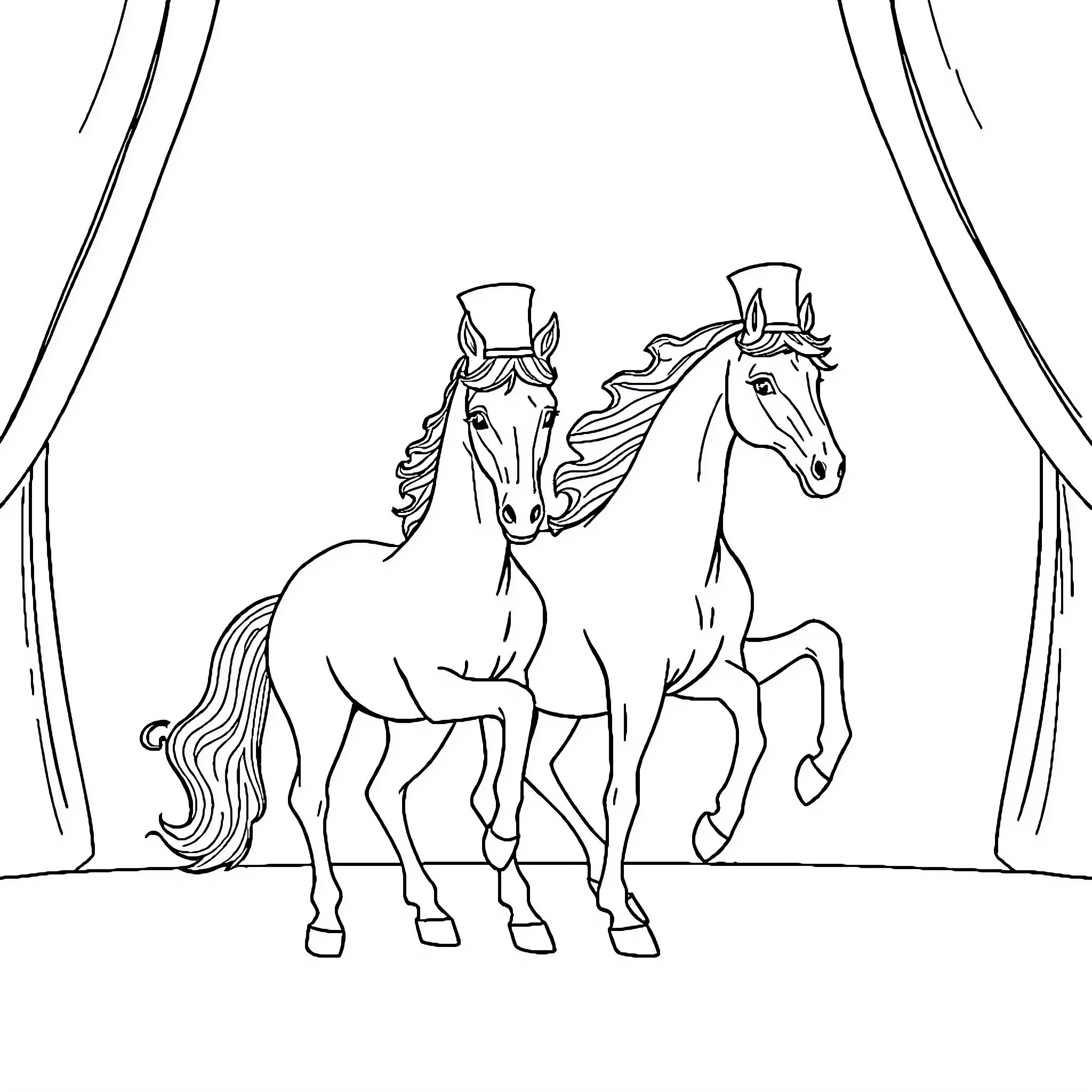 Horse Performers Dressed in Costume on Stage Coloring Page (free black-and-white line drawing printable PDF for all, from beginners to advanced learners, including children, teens, adults, and seniors)