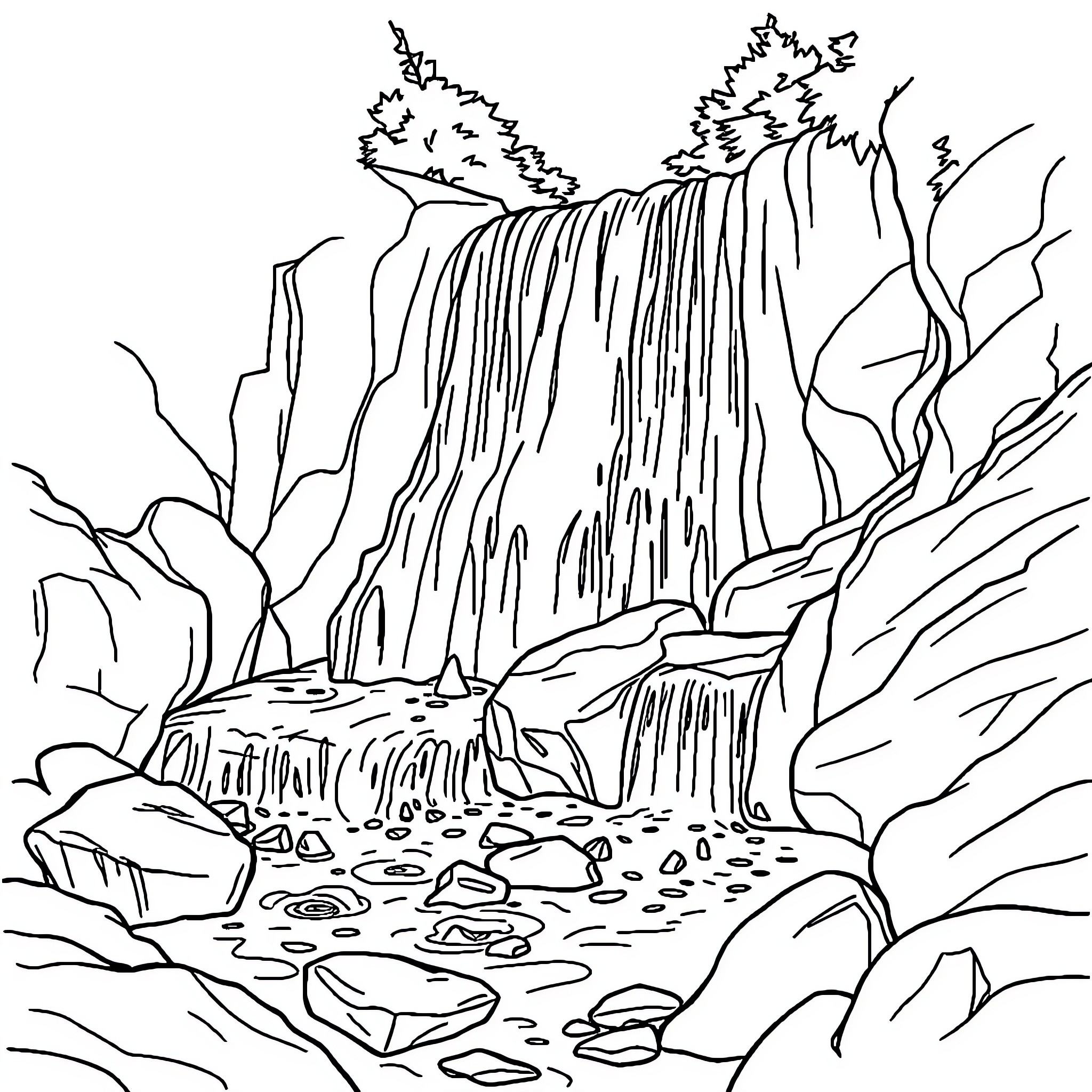 Waterfall cascading over rugged cliffs Coloring Page (free black-and-white line drawing printable PDF for all, from beginners to advanced learners, including children, teens, adults, and seniors)