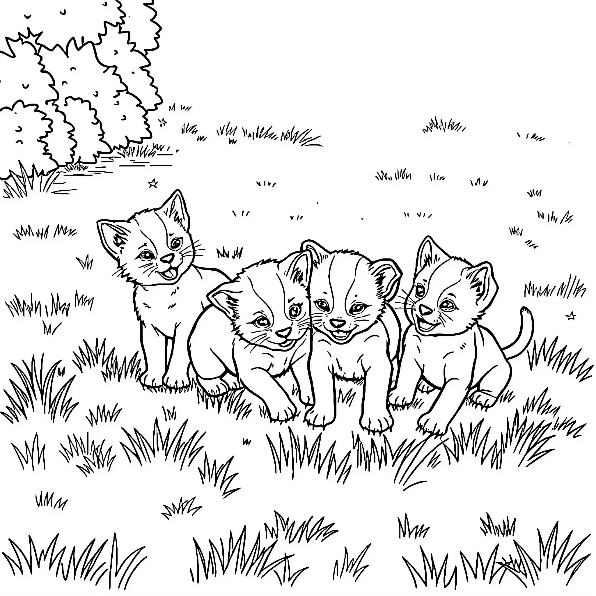 Kittens playing mischievously in the grass Coloring Page (free black-and-white line drawing printable PDF for all, from beginners to advanced learners, including children, teens, adults, and seniors)