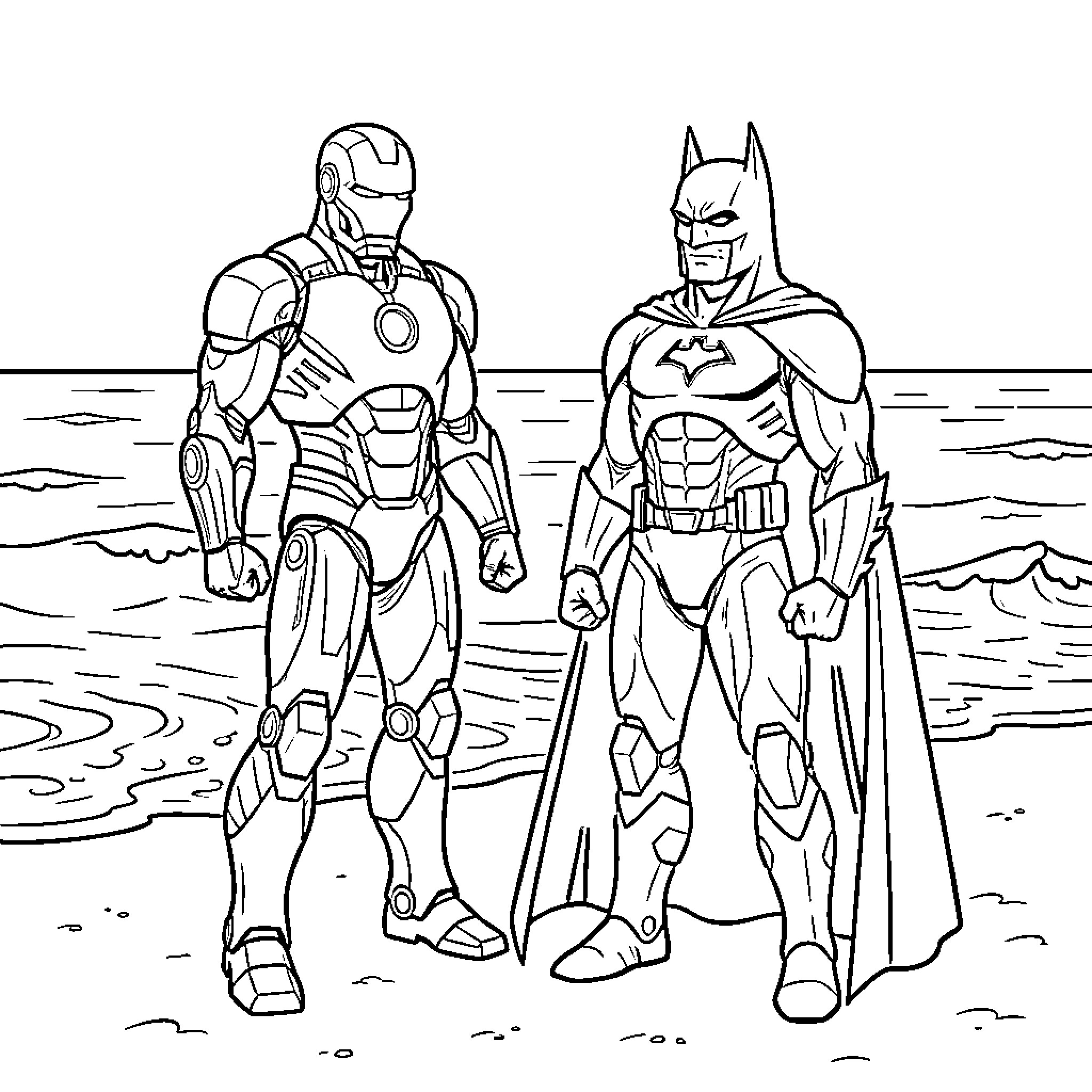 Iron Man and Batman standing heroically on a beach Coloring Page (free black-and-white line drawing printable PDF for all, from beginners to advanced learners, including children, teens, adults, and seniors)