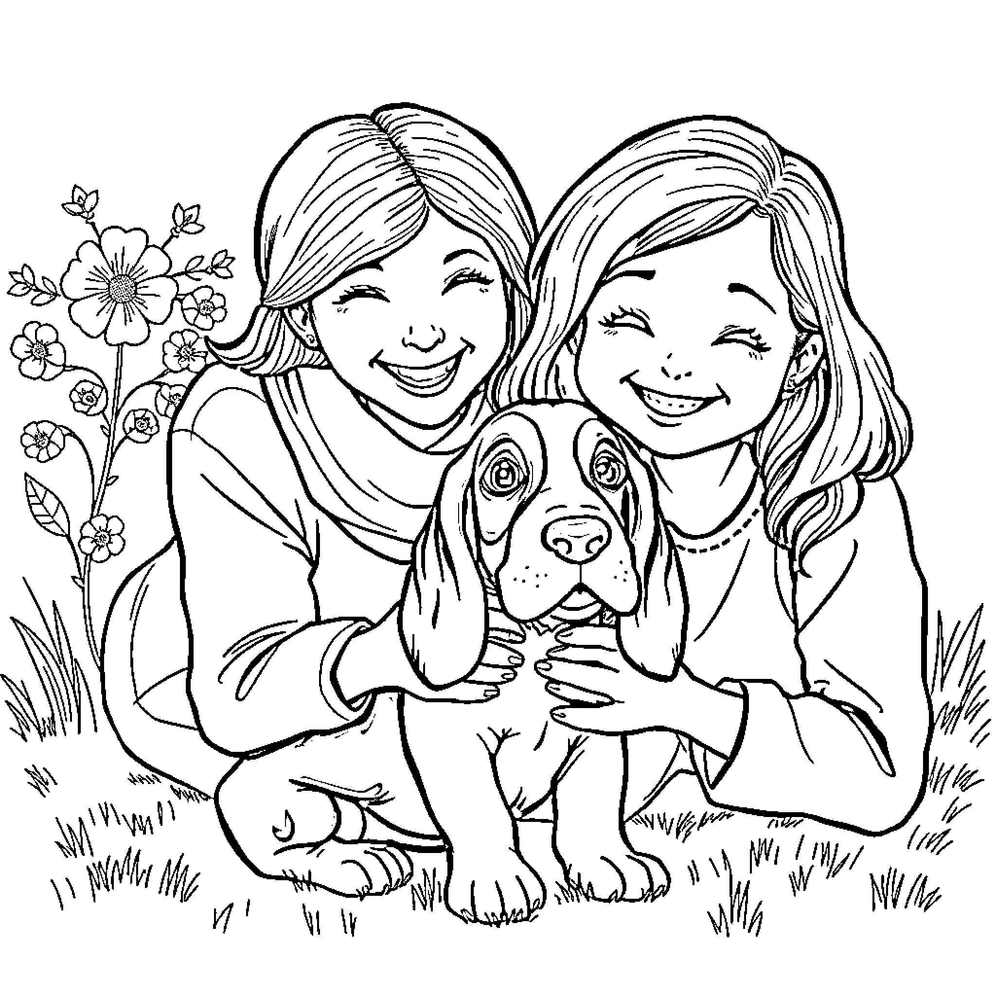 Basset Hound companions in the garden Coloring Page (free black-and-white line drawing printable PDF for all, from beginners to advanced learners, including children, teens, adults, and seniors)