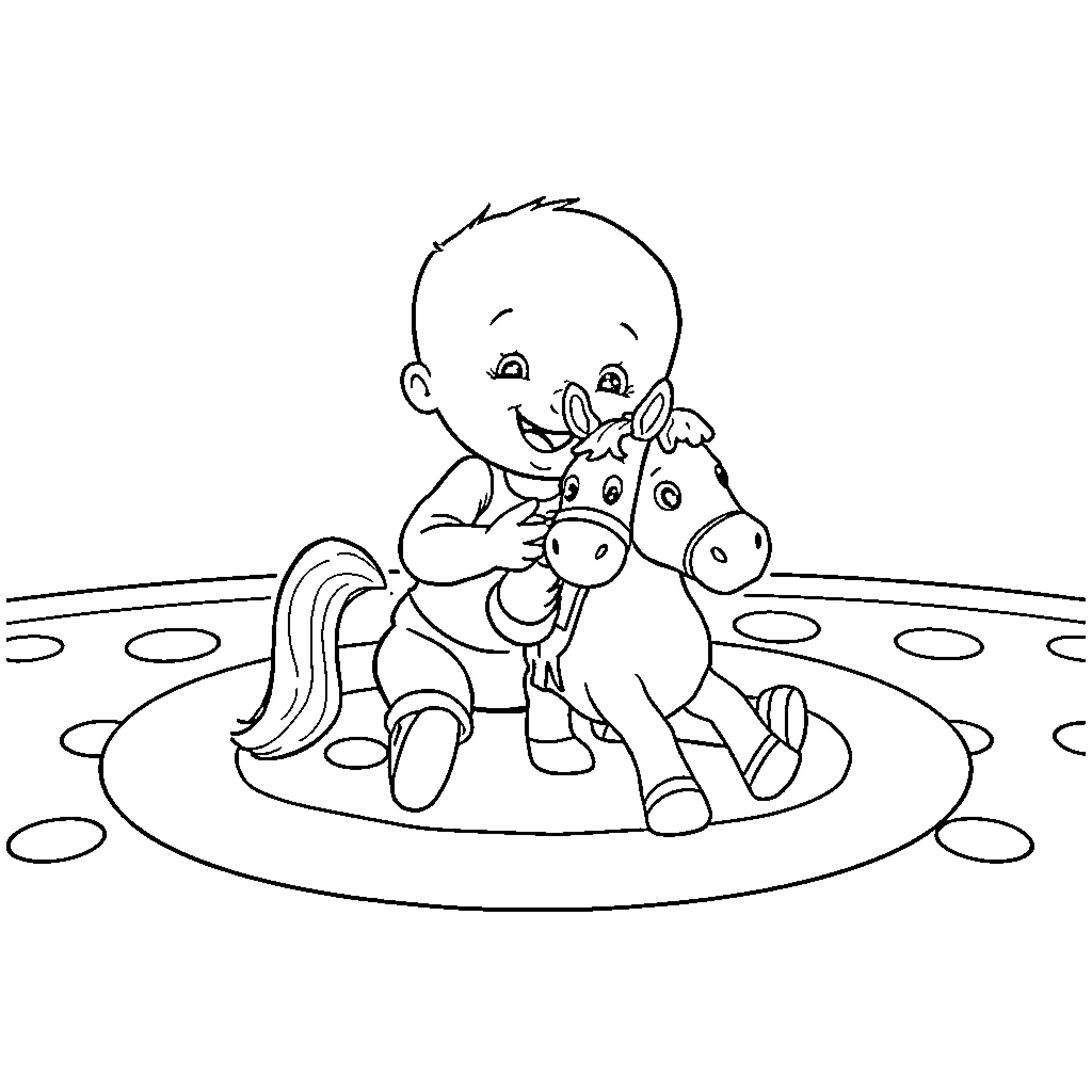 Stewie playing with a toy pony Coloring Page (free black-and-white line drawing printable PDF for all, from beginners to advanced learners, including children, teens, adults, and seniors)