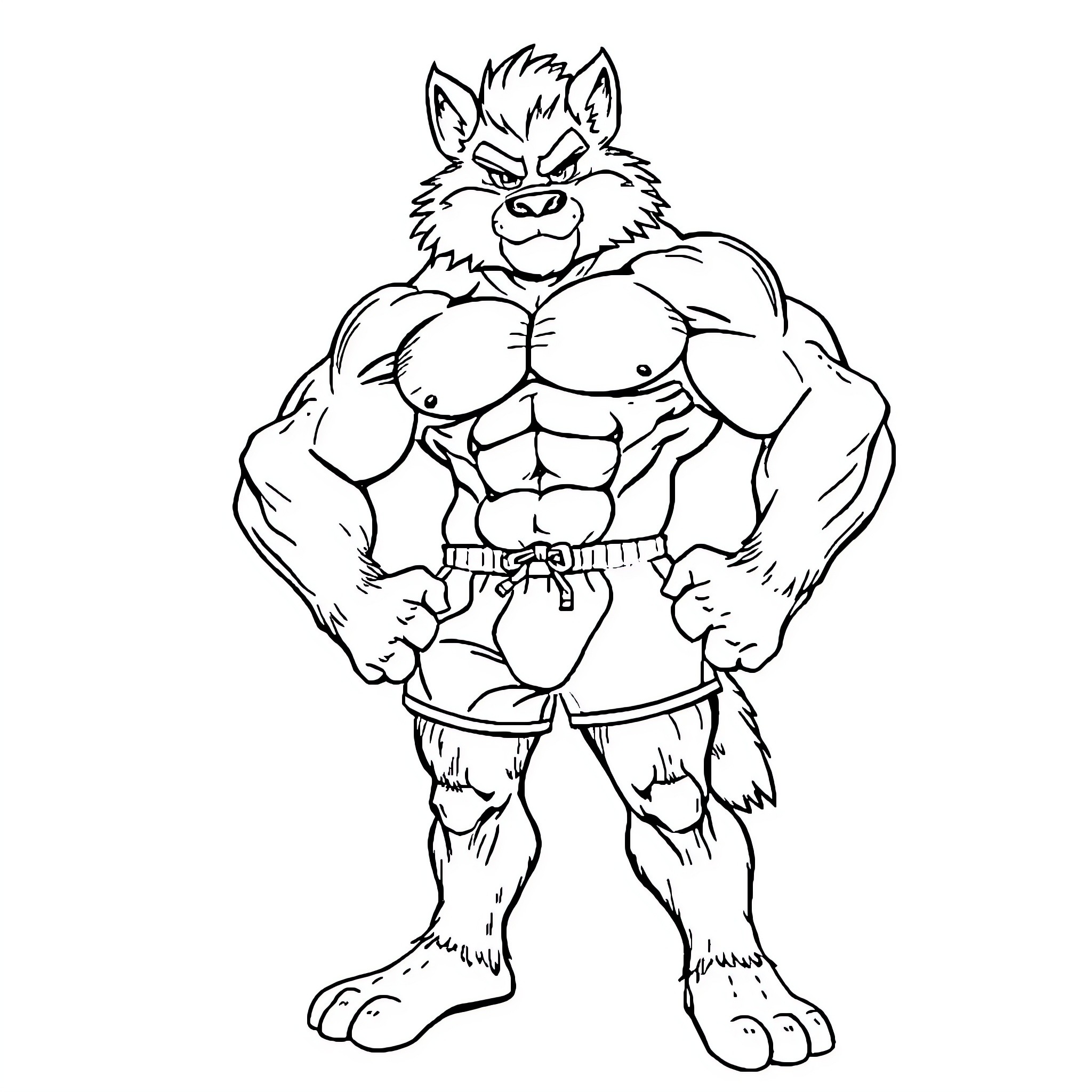 Human muscular anthropomorphic wolf character Coloring Page (free black-and-white line drawing printable PDF for all, from beginners to advanced learners, including children, teens, adults, and seniors)