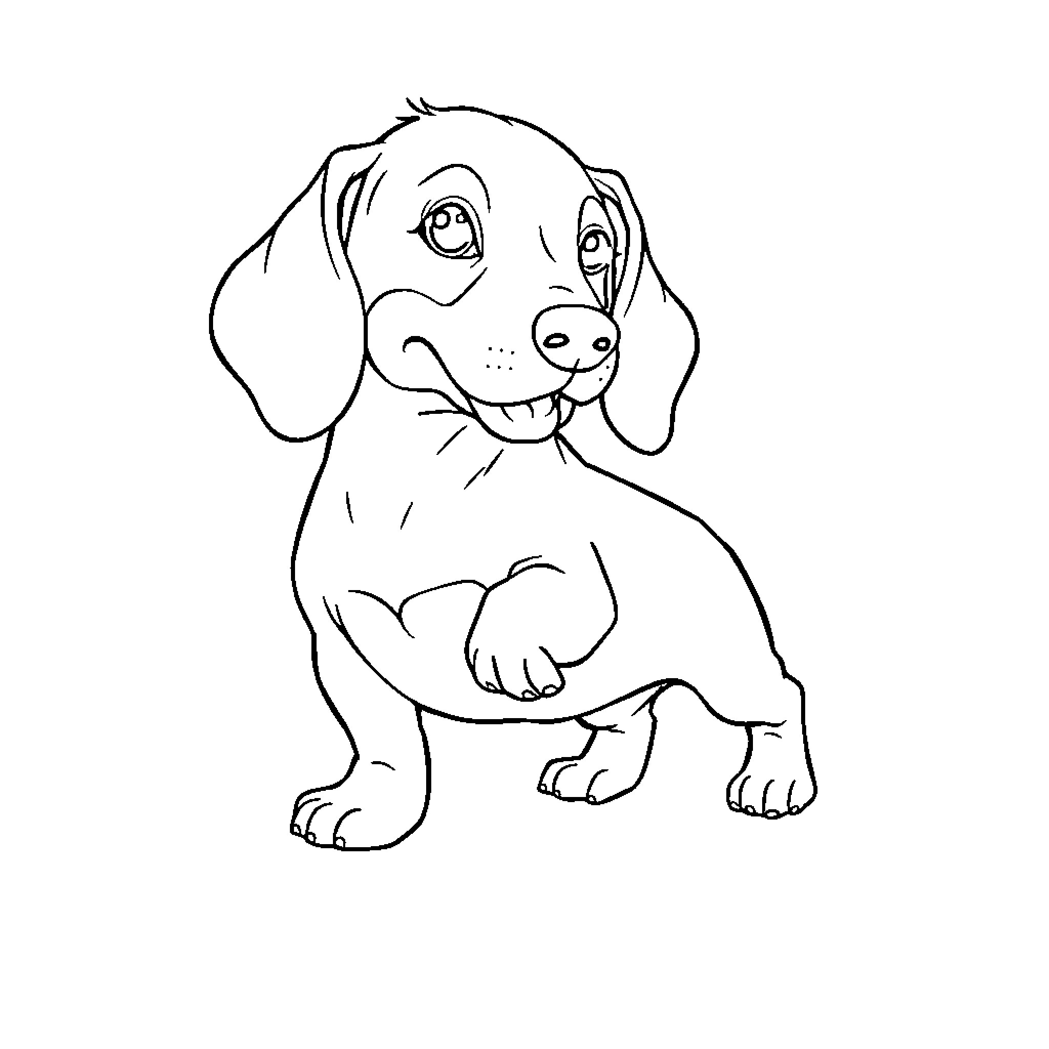 Dachshund dog with a friendly expression Coloring Page (free black-and-white line drawing printable PDF for all, from beginners to advanced learners, including children, teens, adults, and seniors)